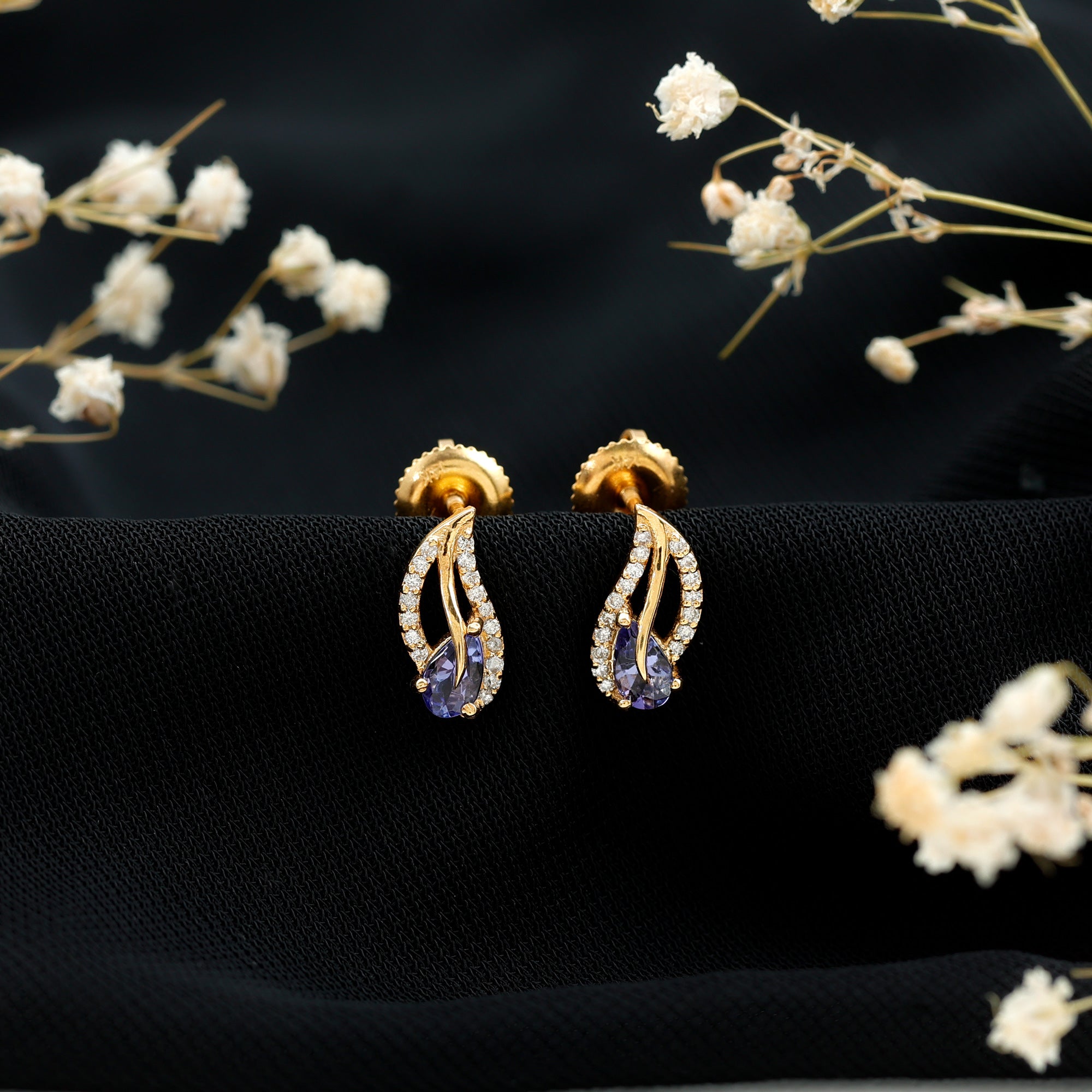 Pear Shape Tanzanite and Diamond Leaf Stud Earrings AAA - Rosec Jewels