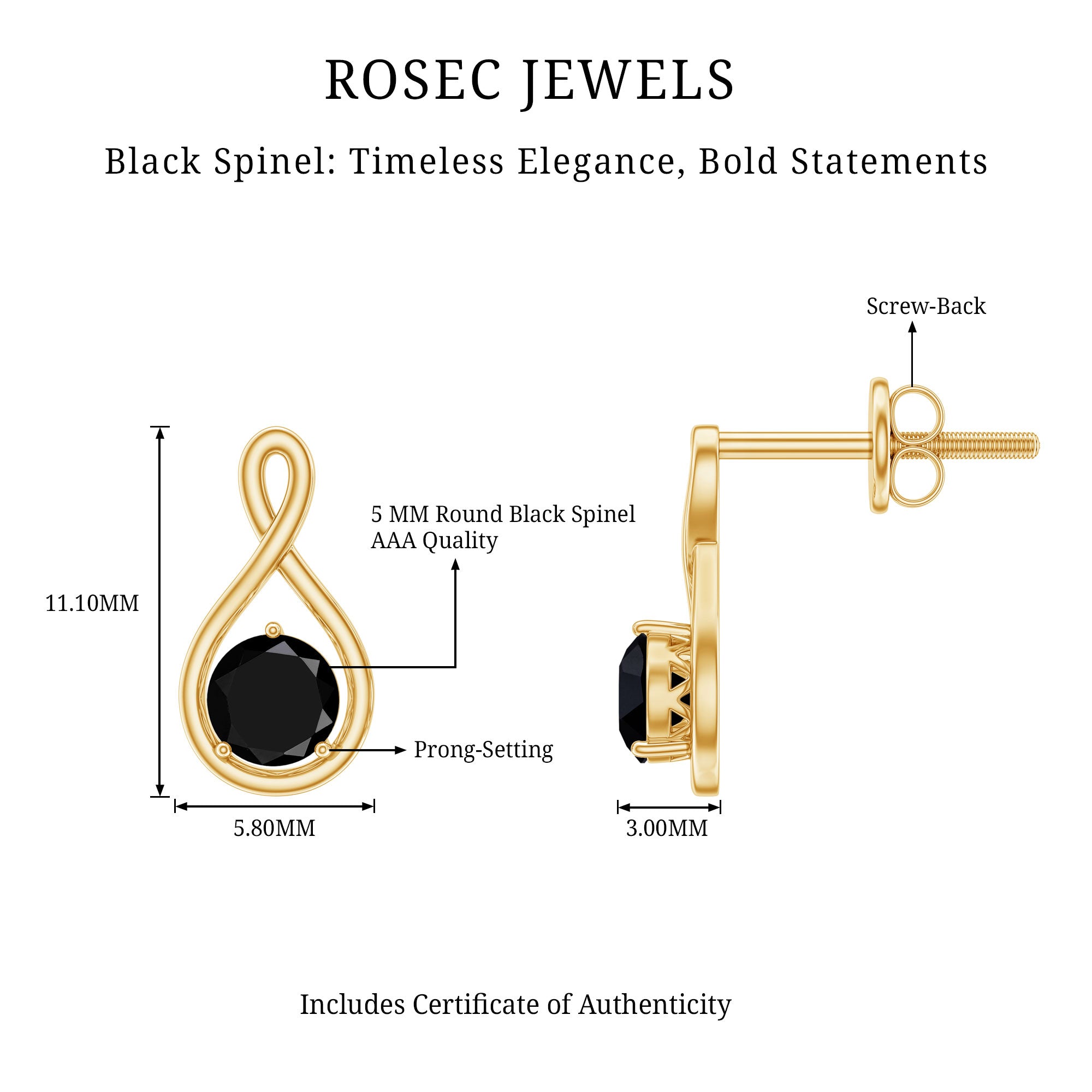 Certified Real Black Spinel Infinity Earrings with Screw Back AAA - Rosec Jewels