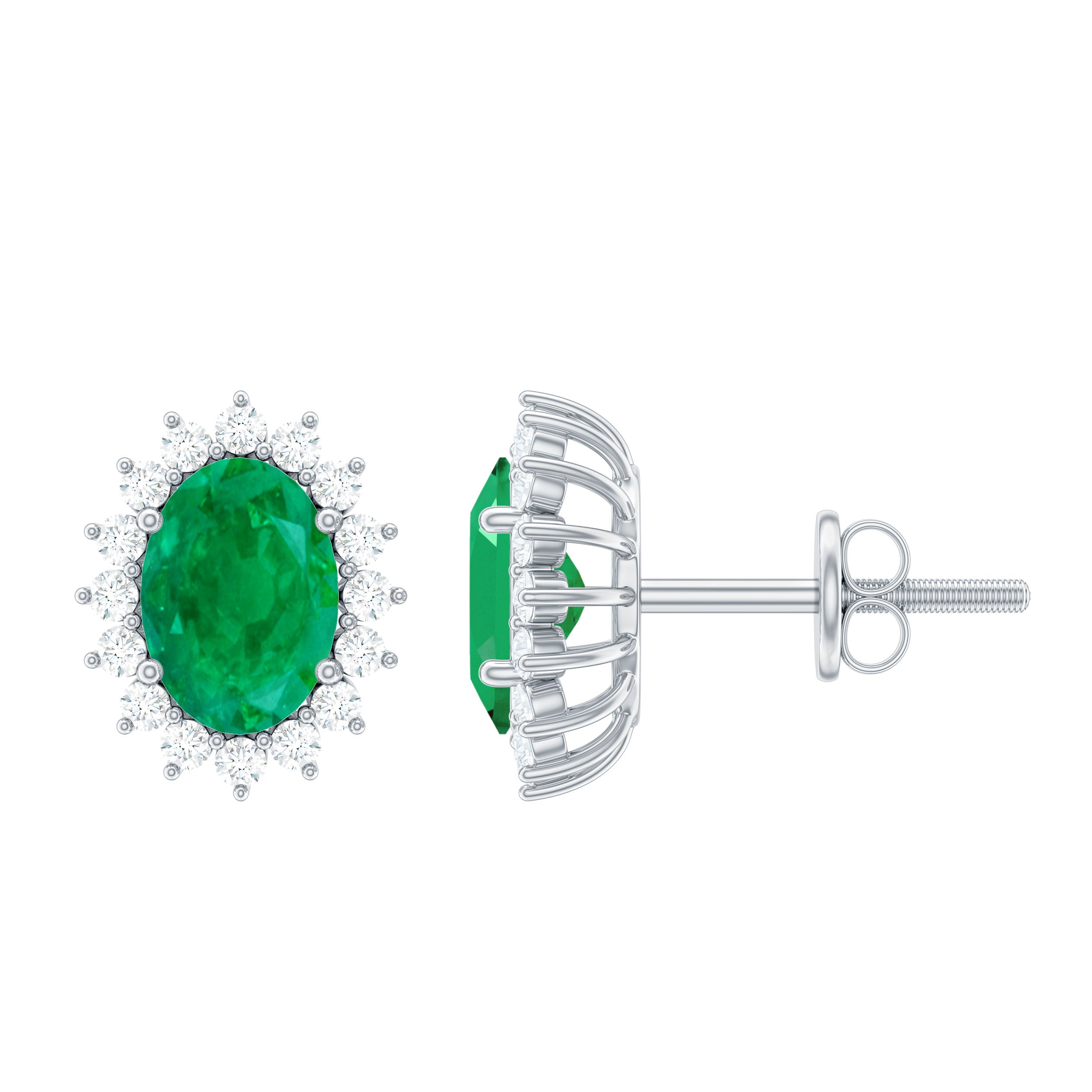 Natural 0.8 Carat Oval Cut Emerald and Diamond Earrings AAA - Rosec Jewels