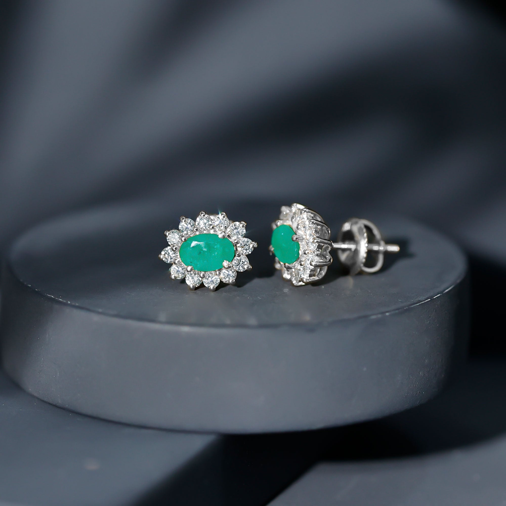 Natural 0.8 Carat Oval Cut Emerald and Diamond Earrings AAA - Rosec Jewels