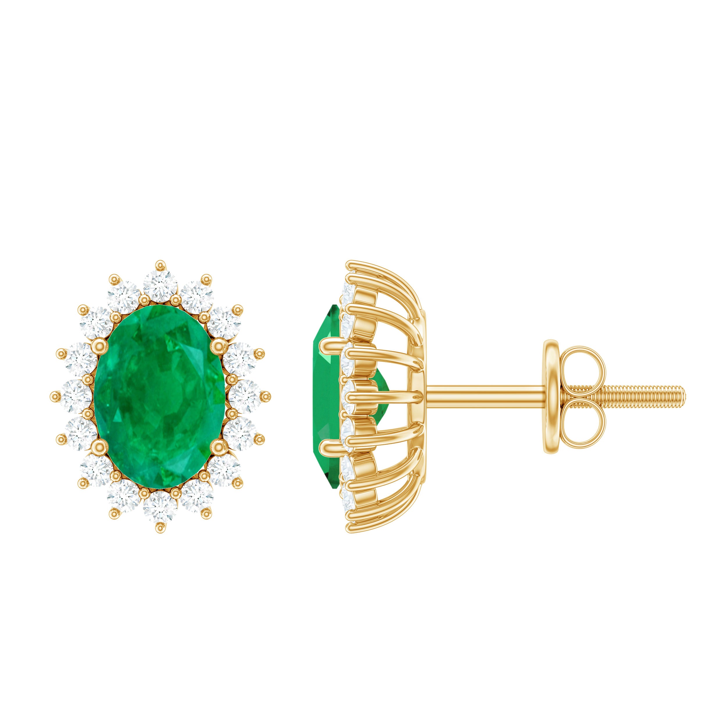 Natural 0.8 Carat Oval Cut Emerald and Diamond Earrings AAA - Rosec Jewels
