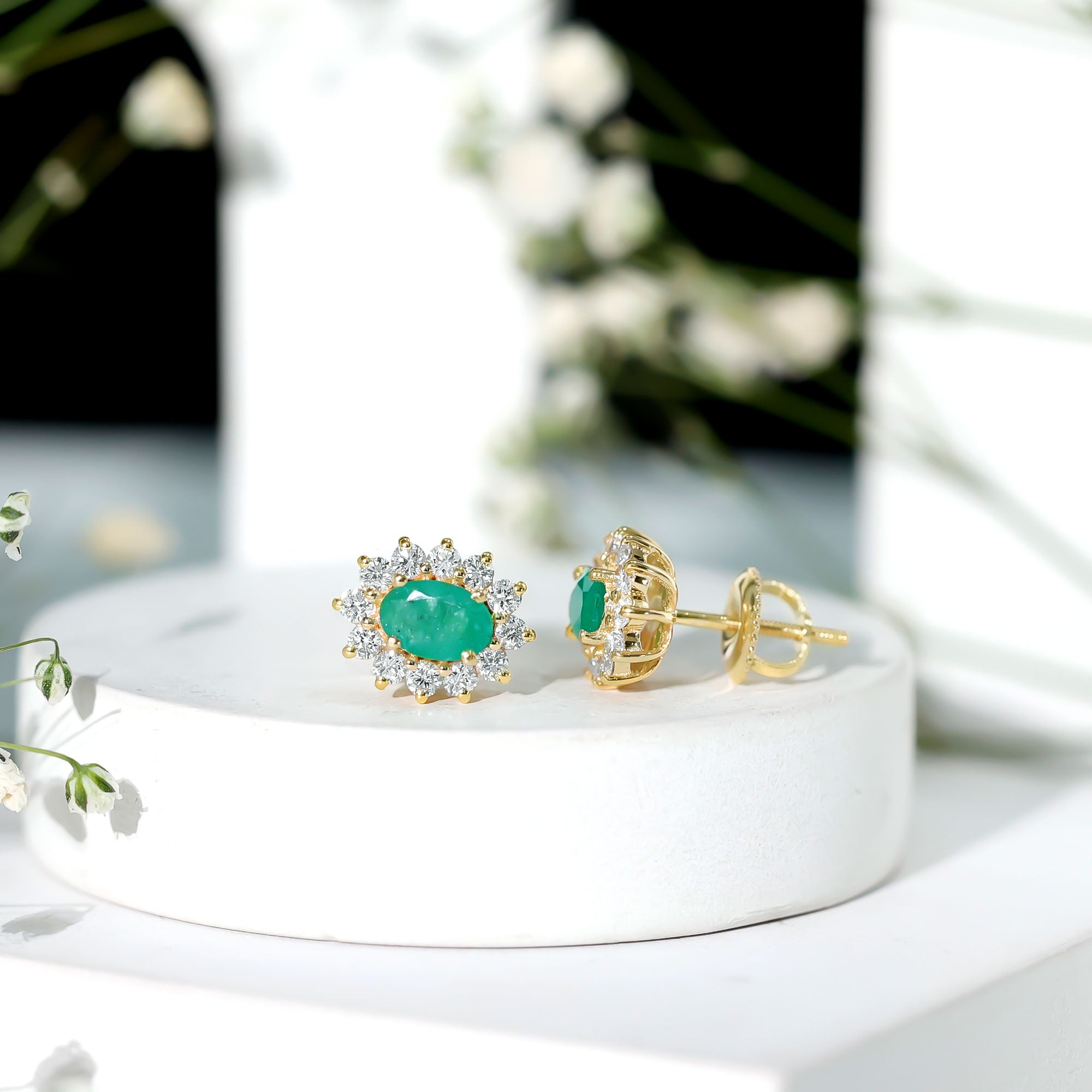Natural 0.8 Carat Oval Cut Emerald and Diamond Earrings AAA - Rosec Jewels