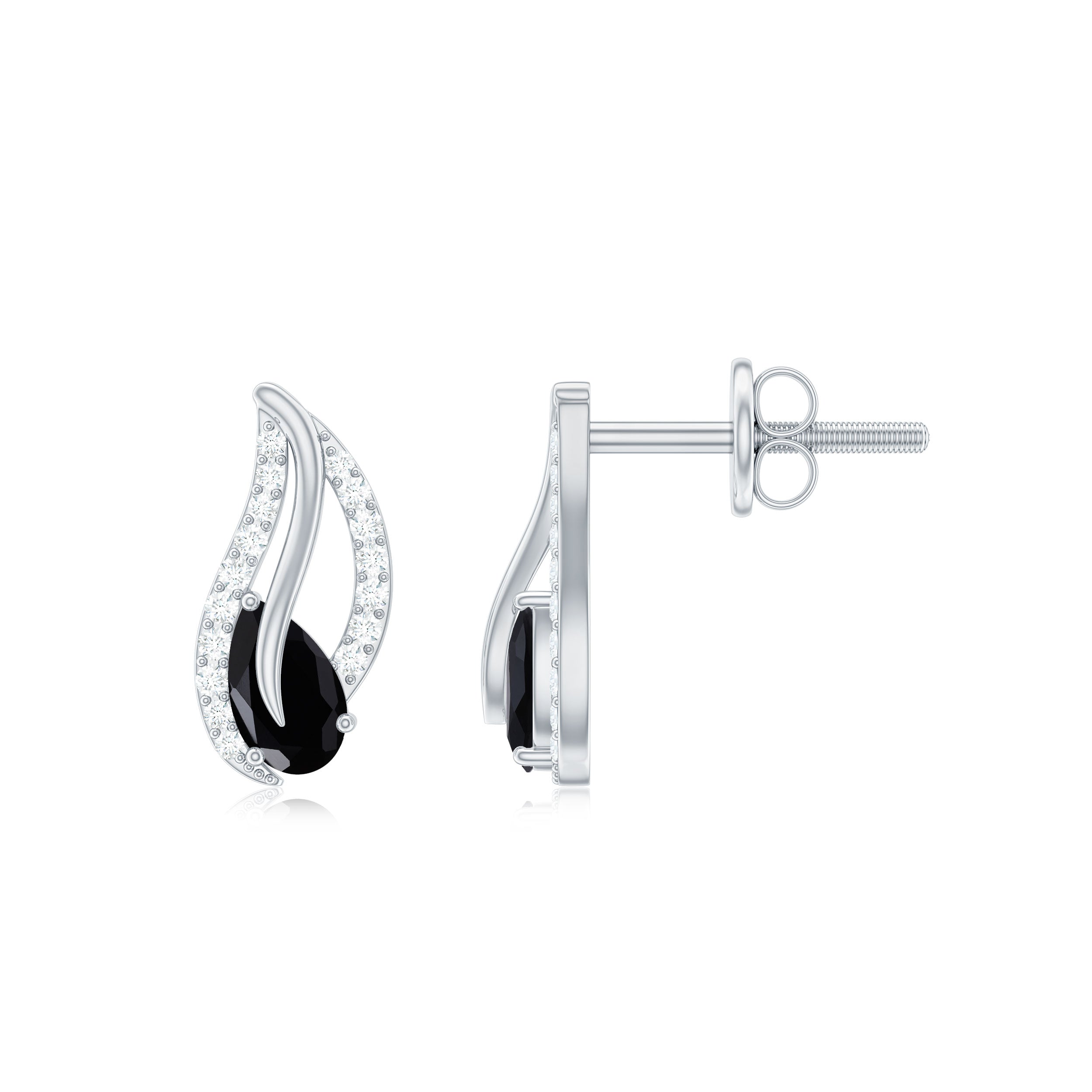 Pear Shape Black Spinel and Diamond Leaf Stud Earrings AAA - Rosec Jewels