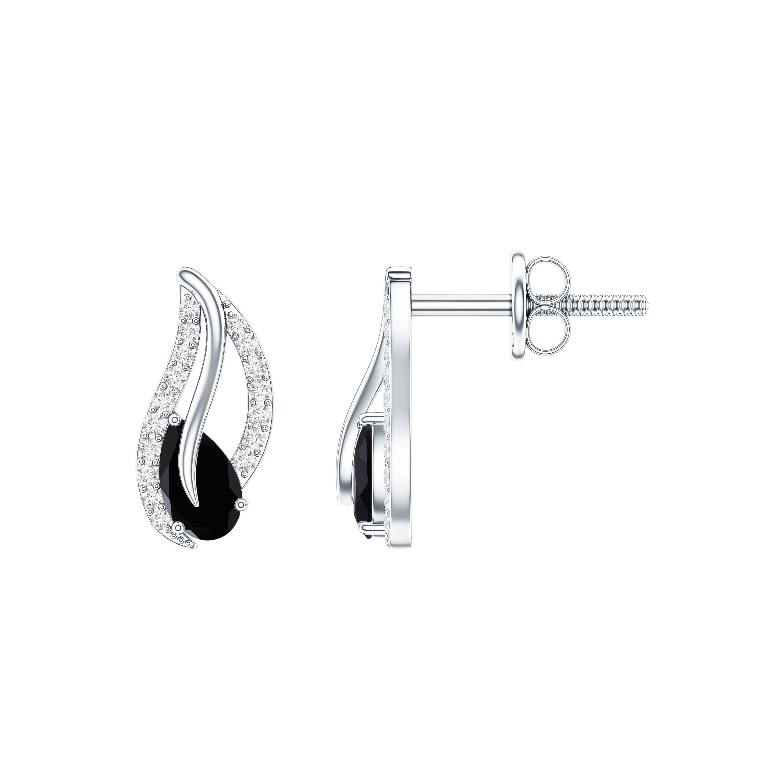 Pear Shape Black Spinel and Diamond Leaf Stud Earrings AAA - Rosec Jewels