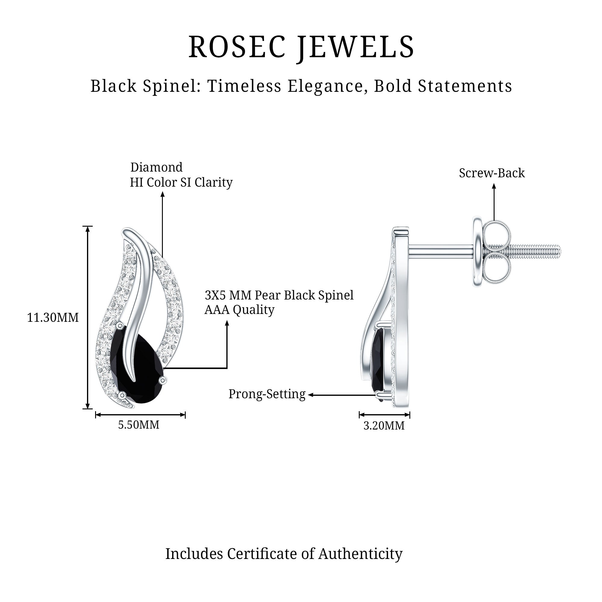 Pear Shape Black Spinel and Diamond Leaf Stud Earrings AAA - Rosec Jewels