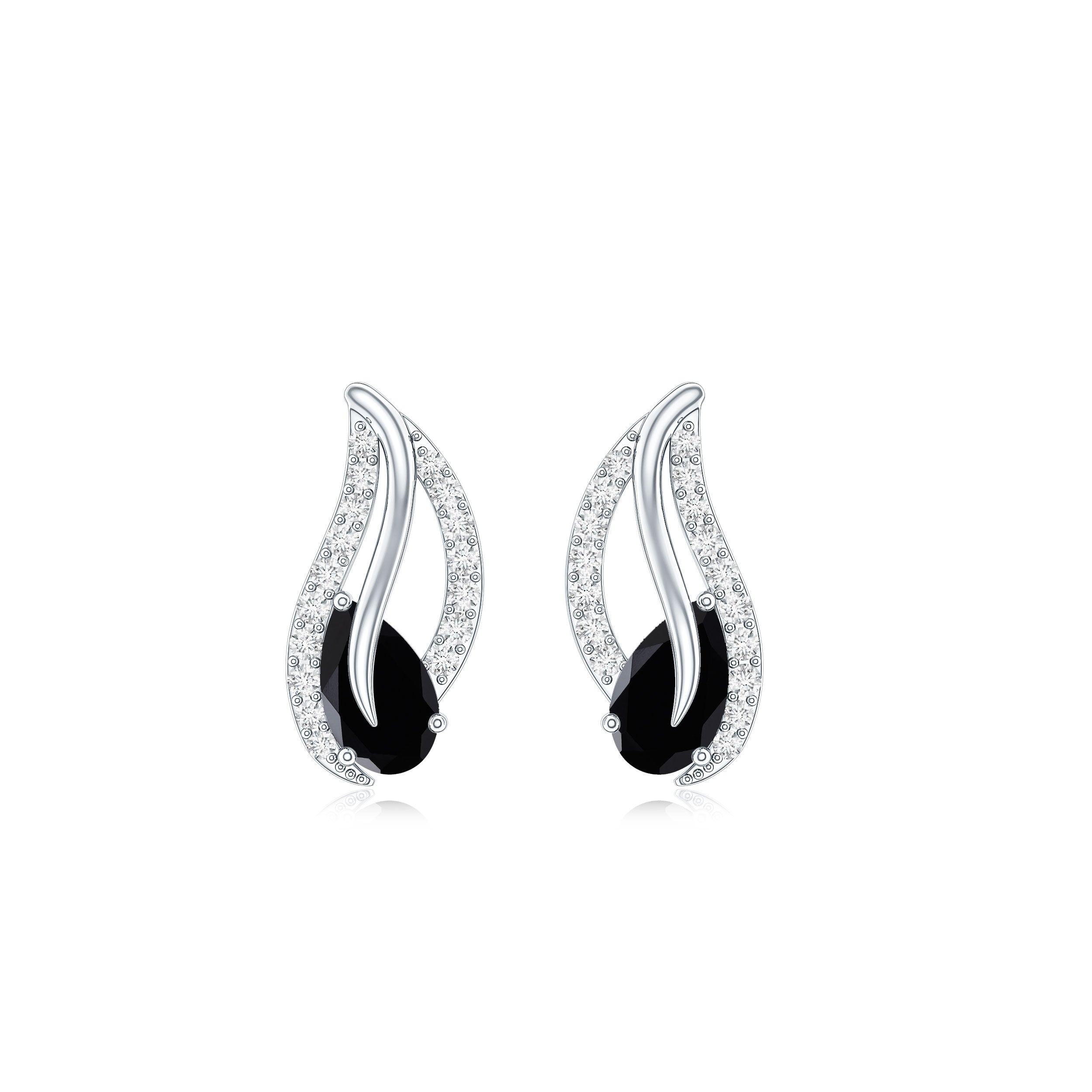Pear Shape Black Spinel and Diamond Leaf Stud Earrings AAA - Rosec Jewels