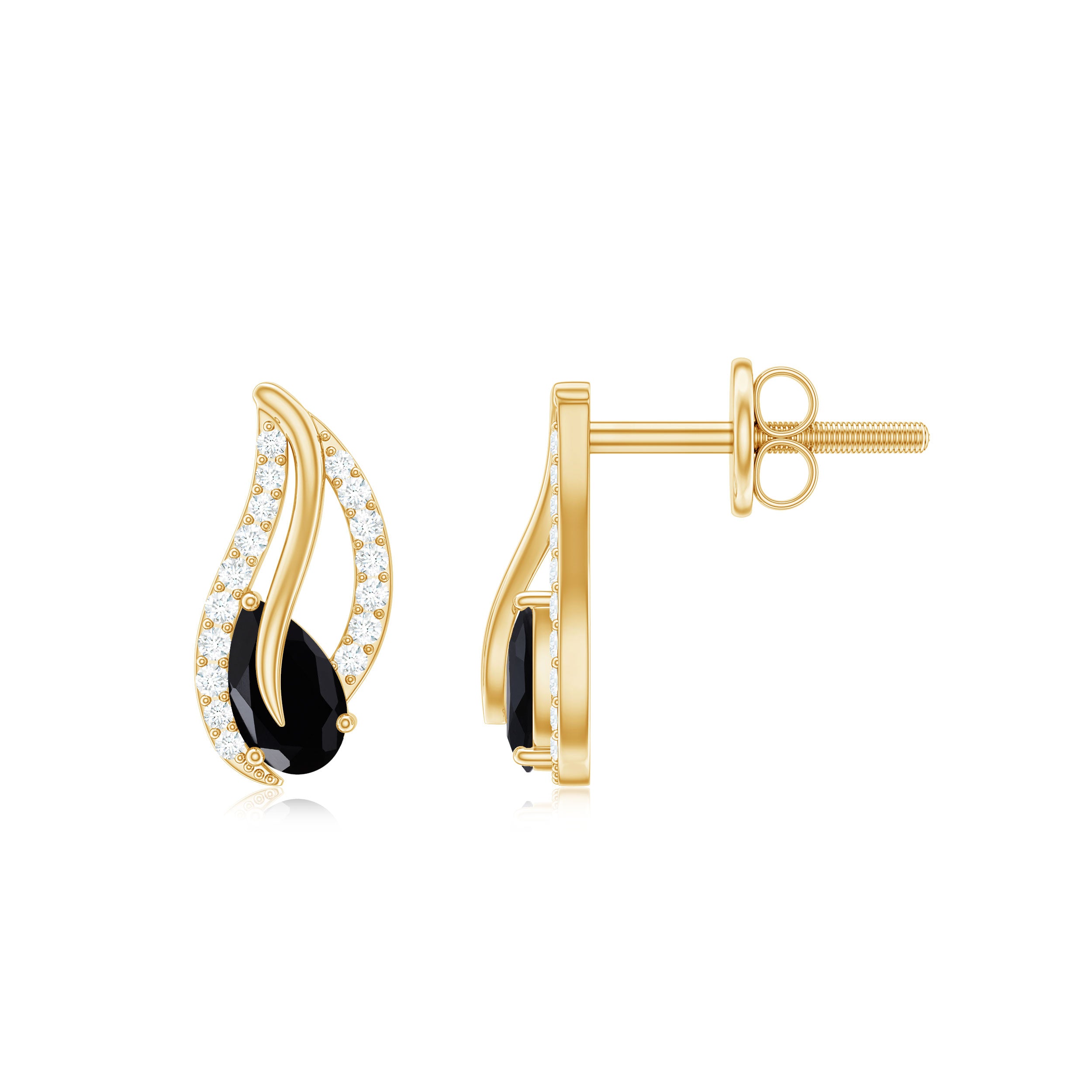 Pear Shape Black Spinel and Diamond Leaf Stud Earrings AAA - Rosec Jewels