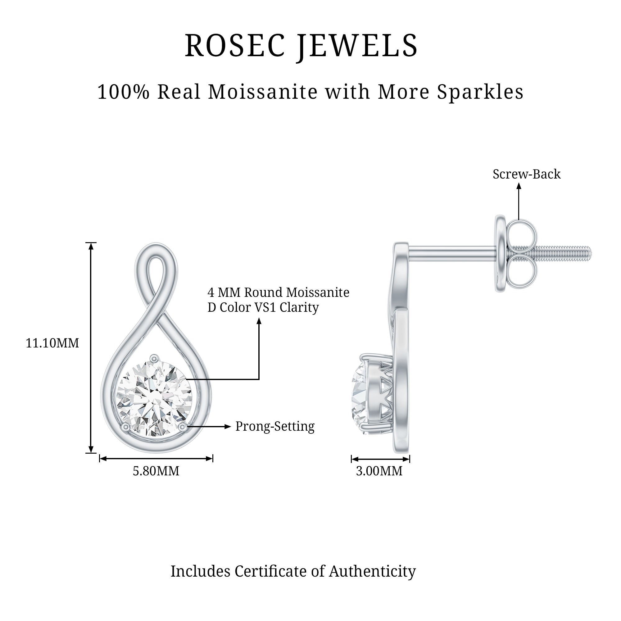 0.6 CT Round Cut Moissanite Infinity Stud Earrings D-VS1 - Rosec Jewels