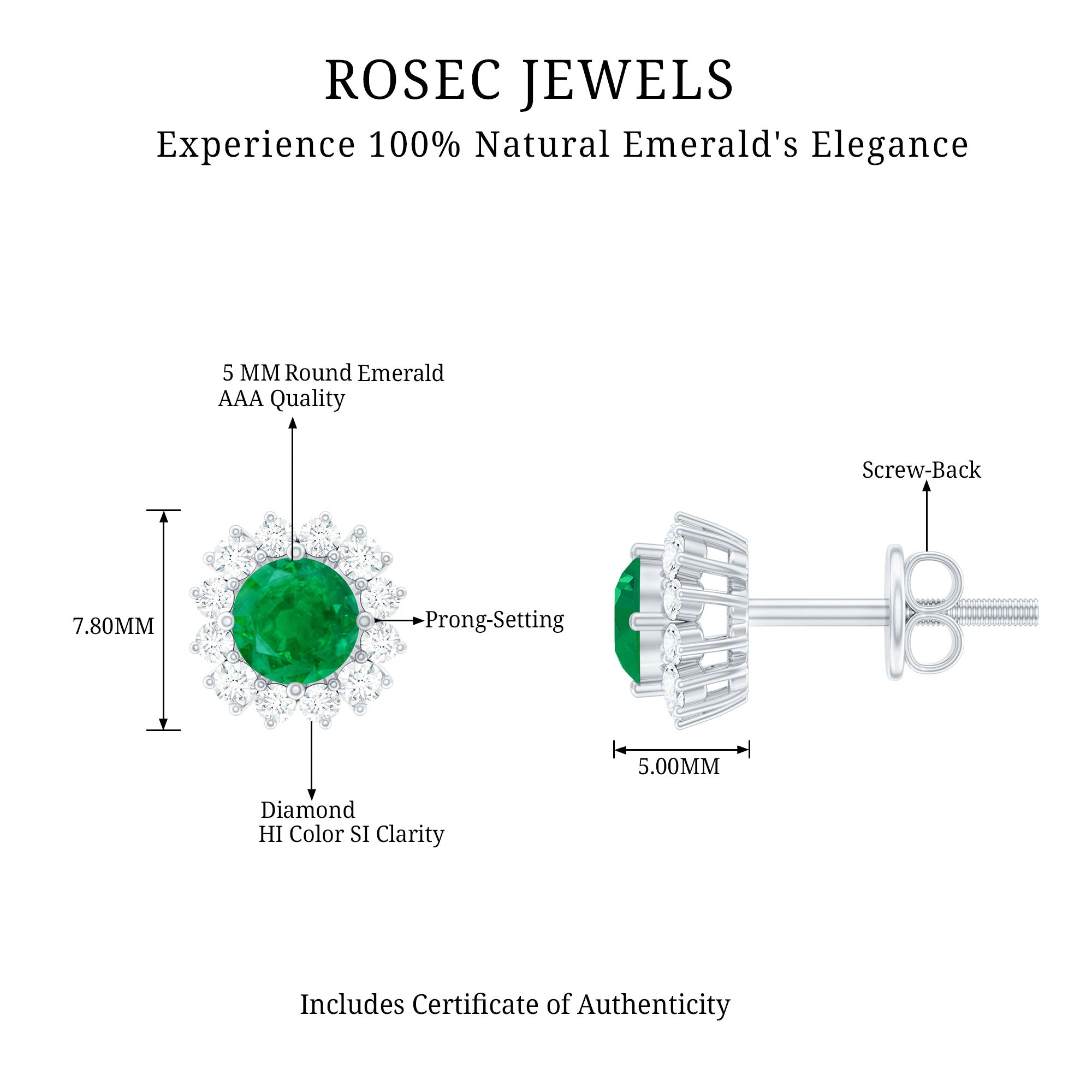 Classic Emerald Stud Earrings with Diamond Halo AAA - Rosec Jewels