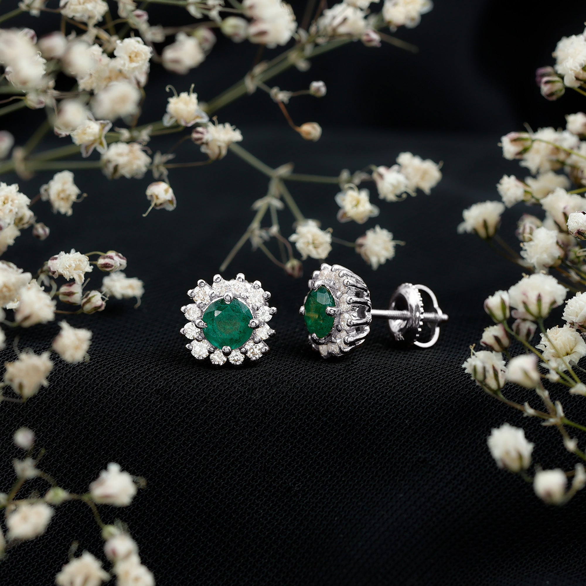 Classic Emerald Stud Earrings with Diamond Halo AAA - Rosec Jewels