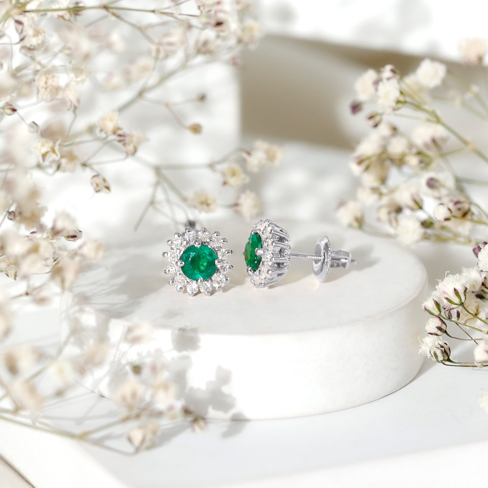 Classic Emerald Stud Earrings with Diamond Halo AAA - Rosec Jewels
