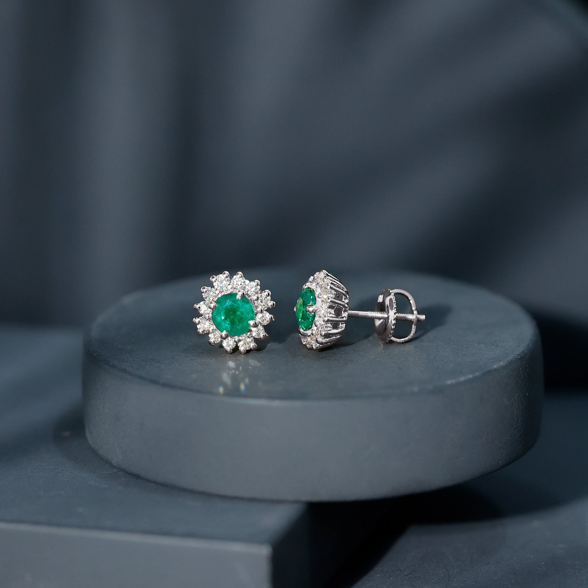 Classic Emerald Stud Earrings with Diamond Halo AAA - Rosec Jewels
