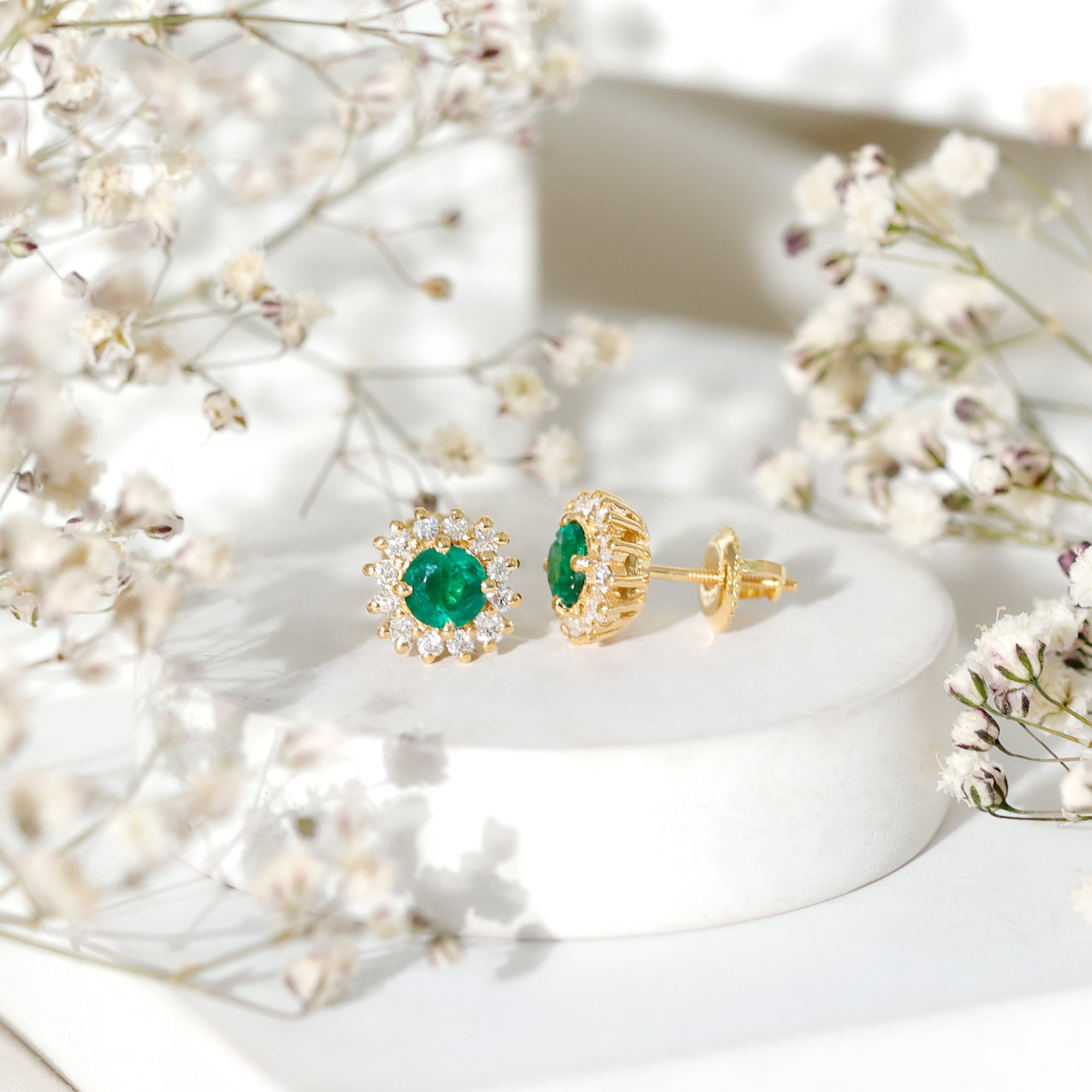 Classic Emerald Stud Earrings with Diamond Halo AAA - Rosec Jewels