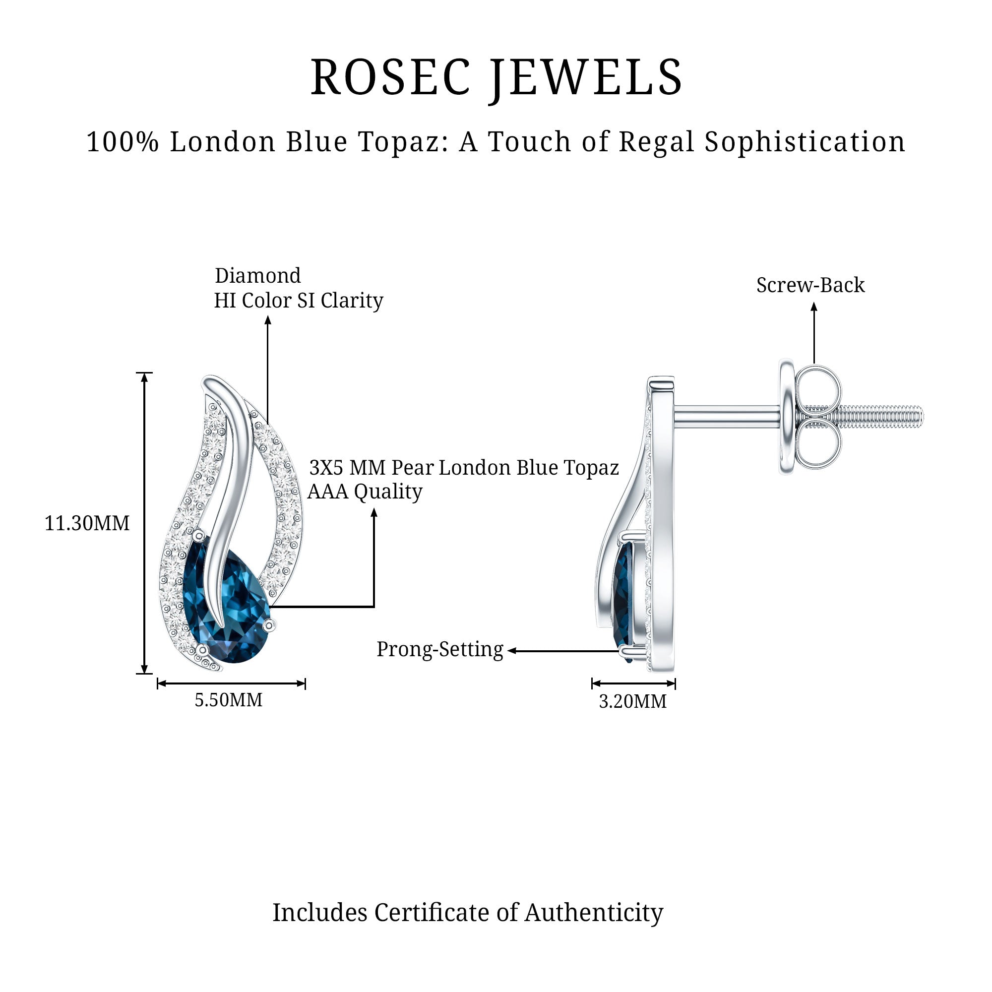 Pear Shape London Blue Topaz and Diamond Leaf Stud Earrings AAA - Rosec Jewels
