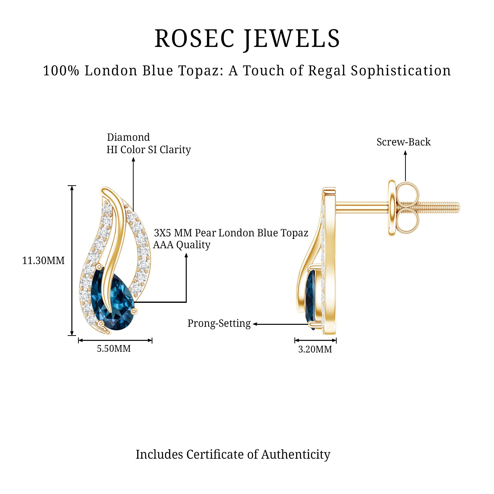 Pear Shape London Blue Topaz and Diamond Leaf Stud Earrings AAA - Rosec Jewels