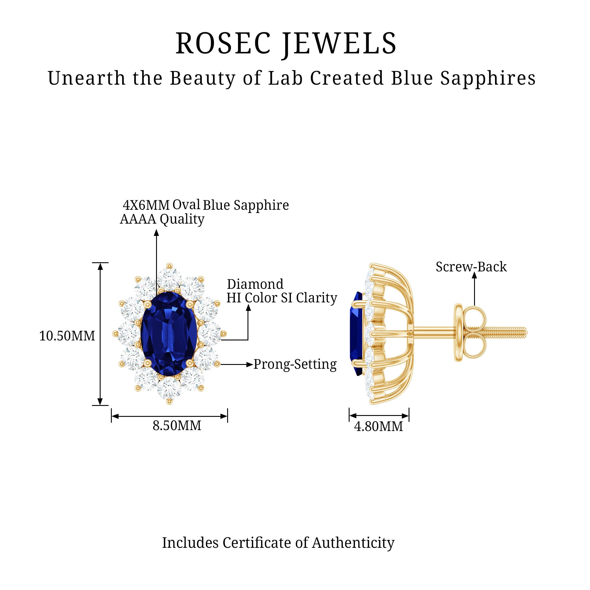 Oval Shaped Lab Grown Blue Sapphire and Diamond Halo Stud Earrings AAAA - Rosec Jewels