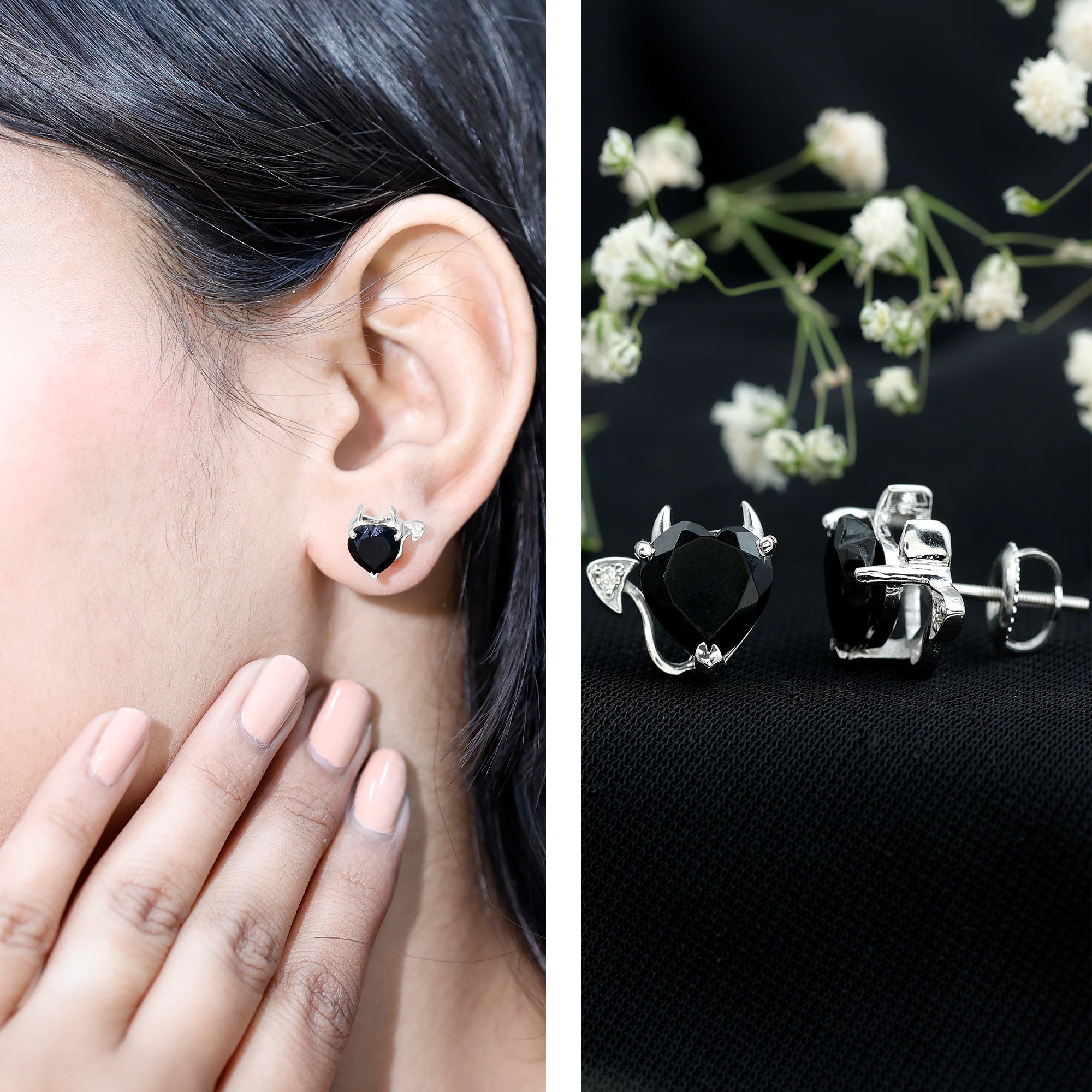 Certified Lab Grown Black Diamond Gothic Stud Earrings with Diamond AAAA ( Synthetic ) - Rosec Jewels