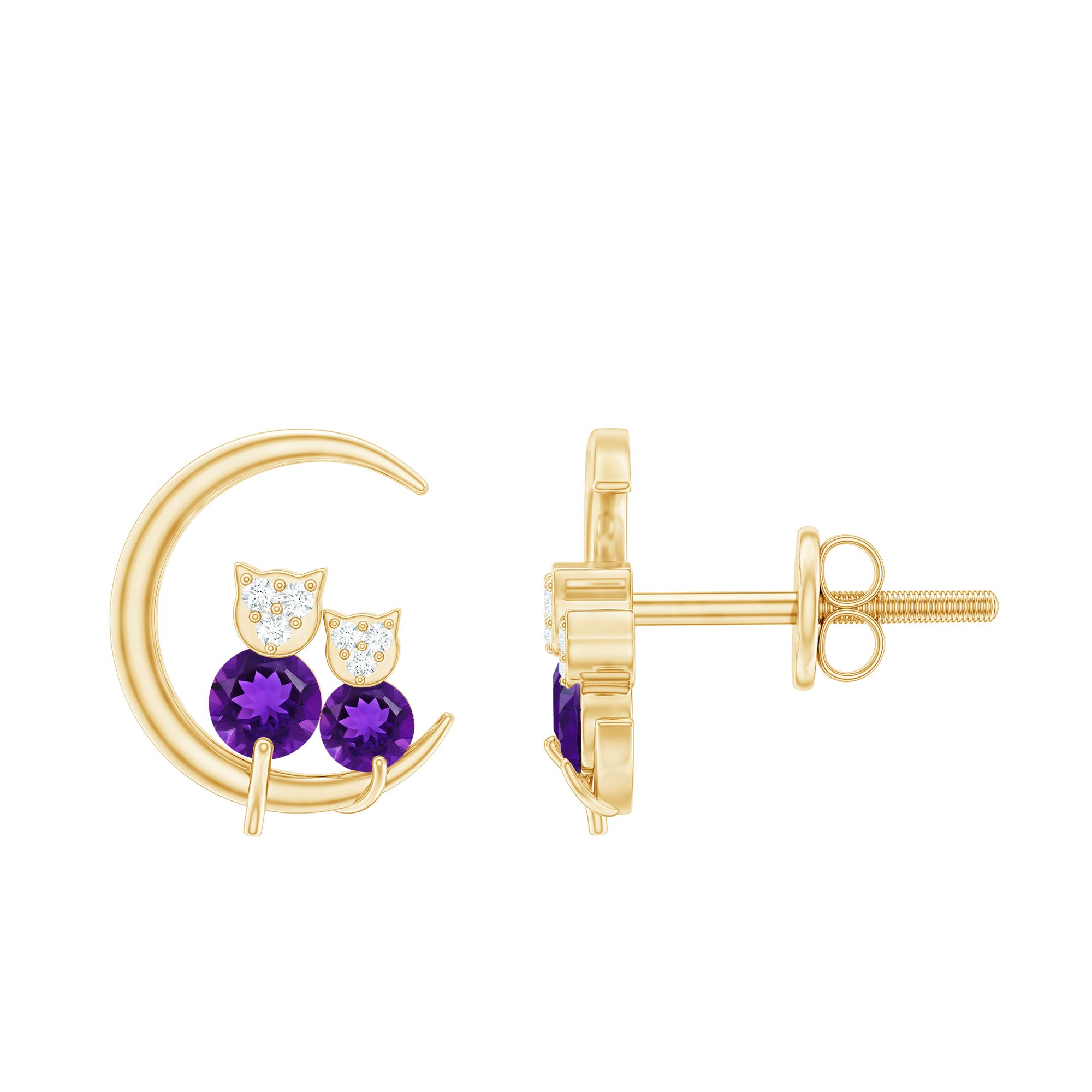 Natural Amethyst and Diamond Cat on Moon Stud Earrings AAA - Rosec Jewels