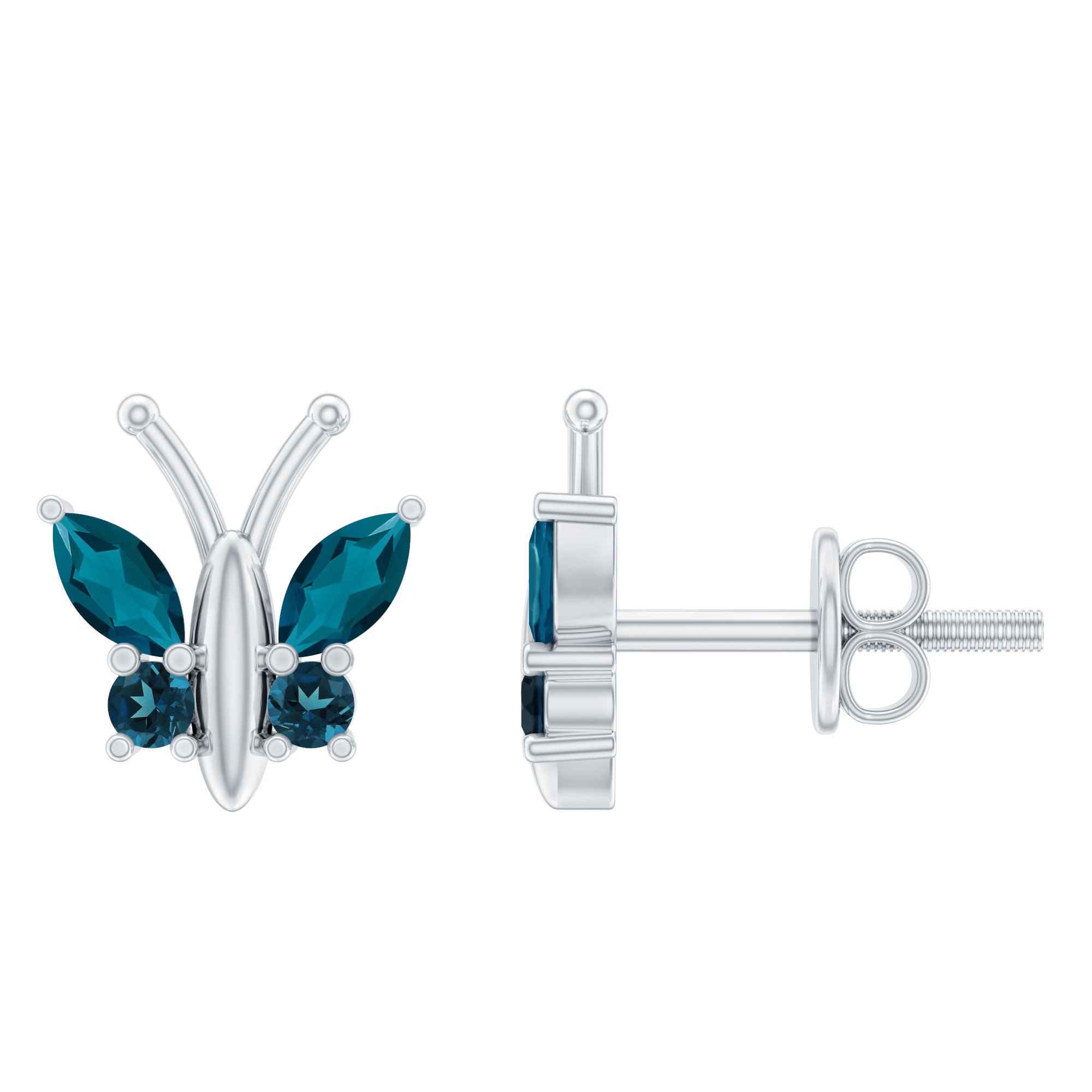 2 CT Butterfly Stud Earrings with Round and Marquise Cut London Blue Topaz