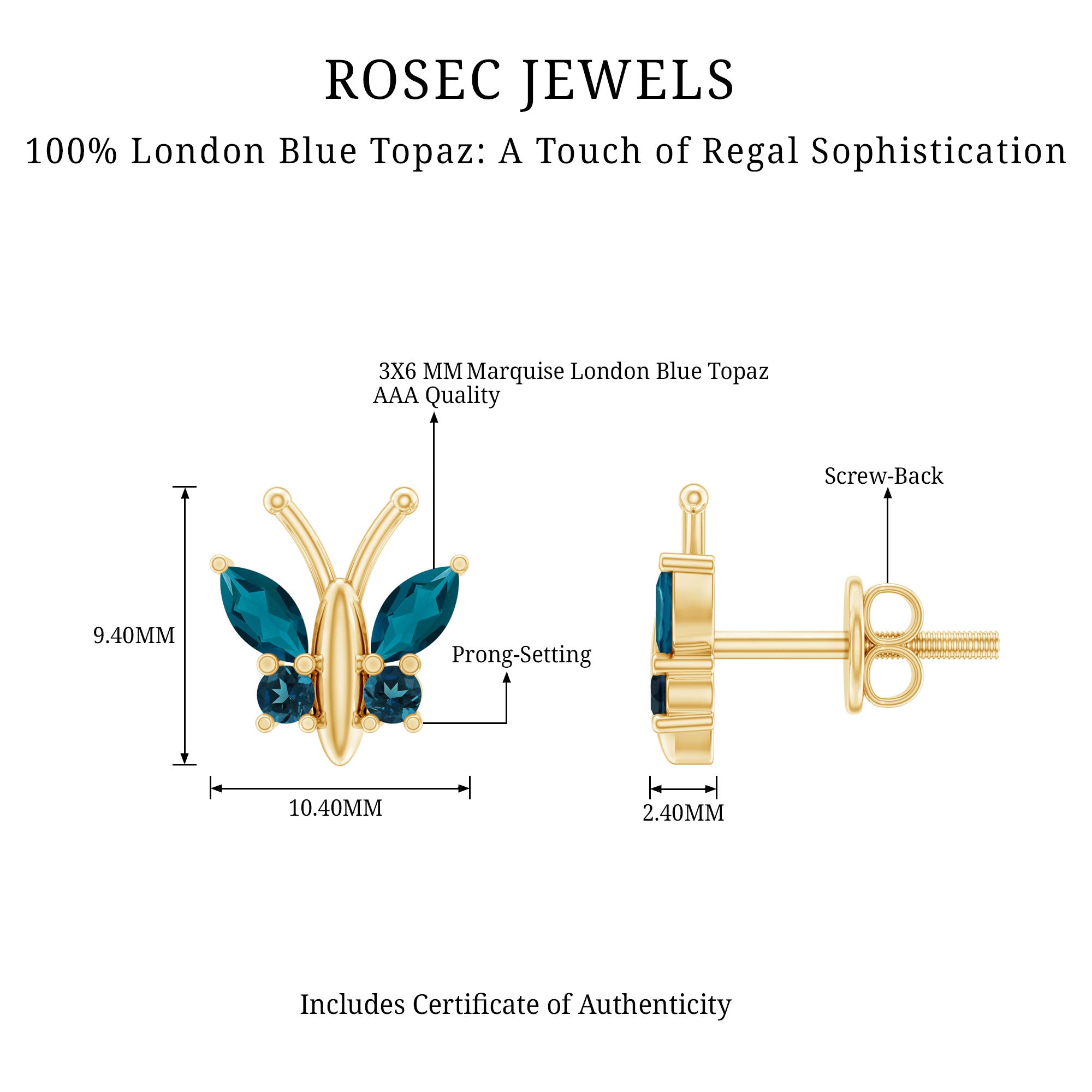 Butterfly Stud Earrings with London Blue Topaz AAA - Rosec Jewels