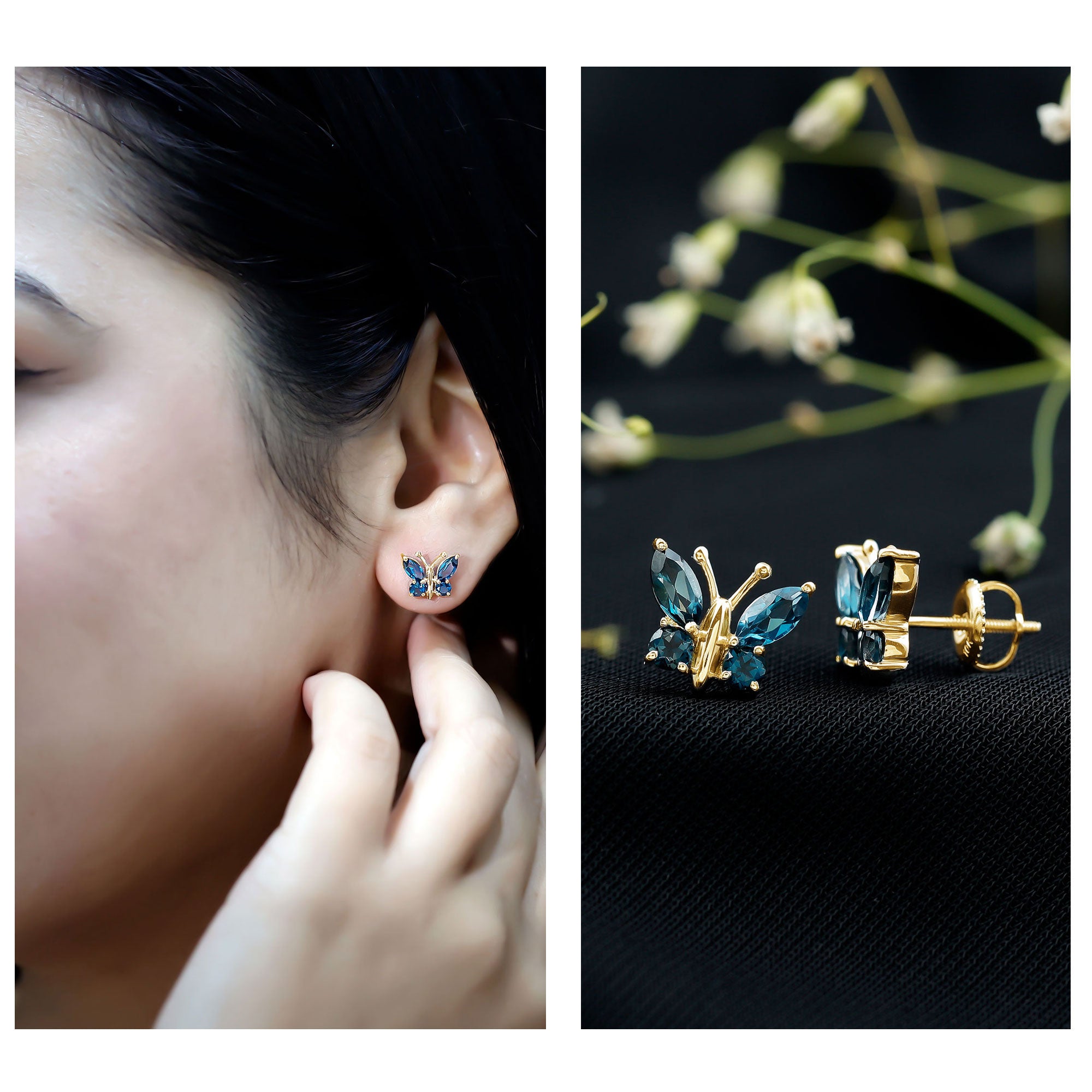 Butterfly Stud Earrings with London Blue Topaz AAA - Rosec Jewels
