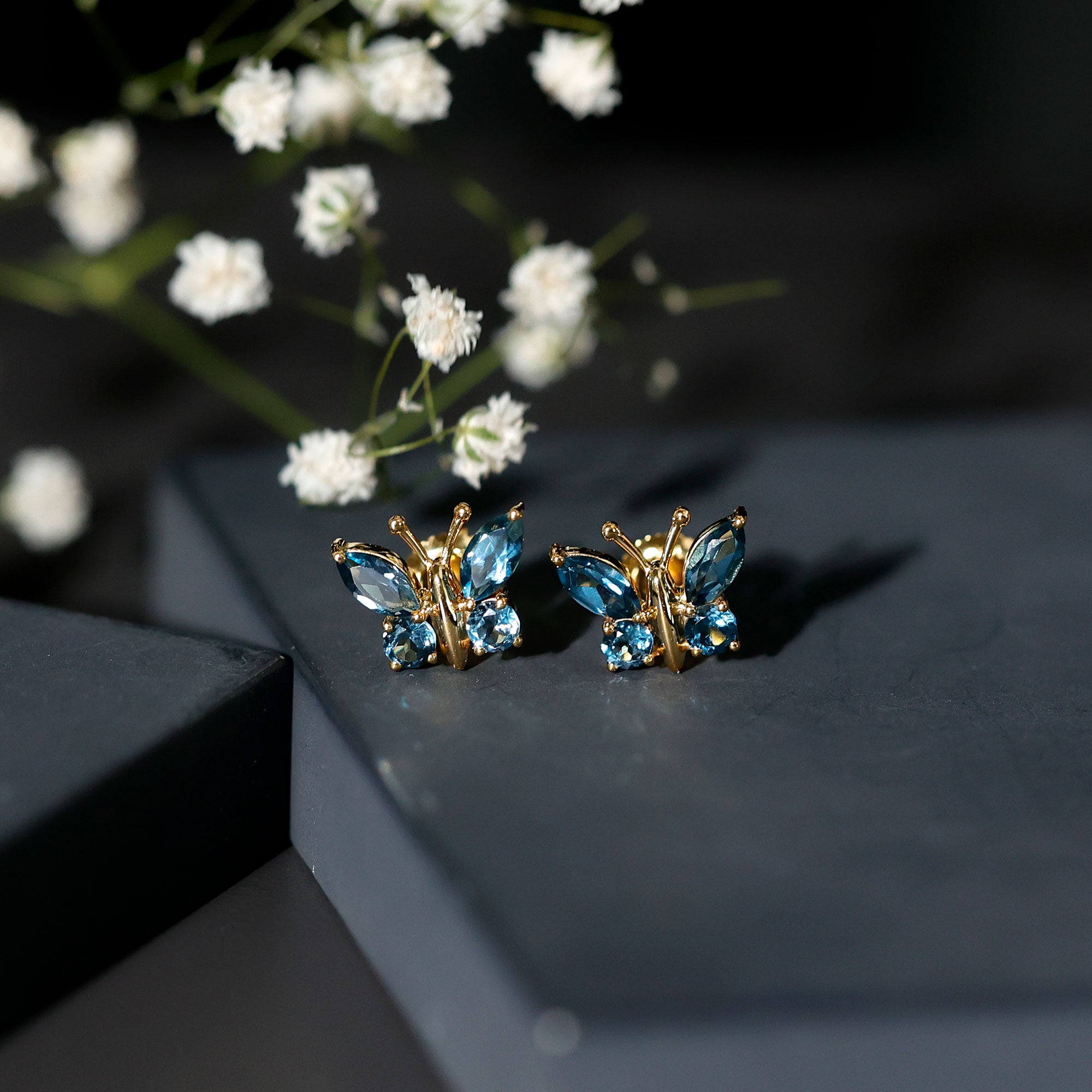 Butterfly Stud Earrings with London Blue Topaz AAA - Rosec Jewels