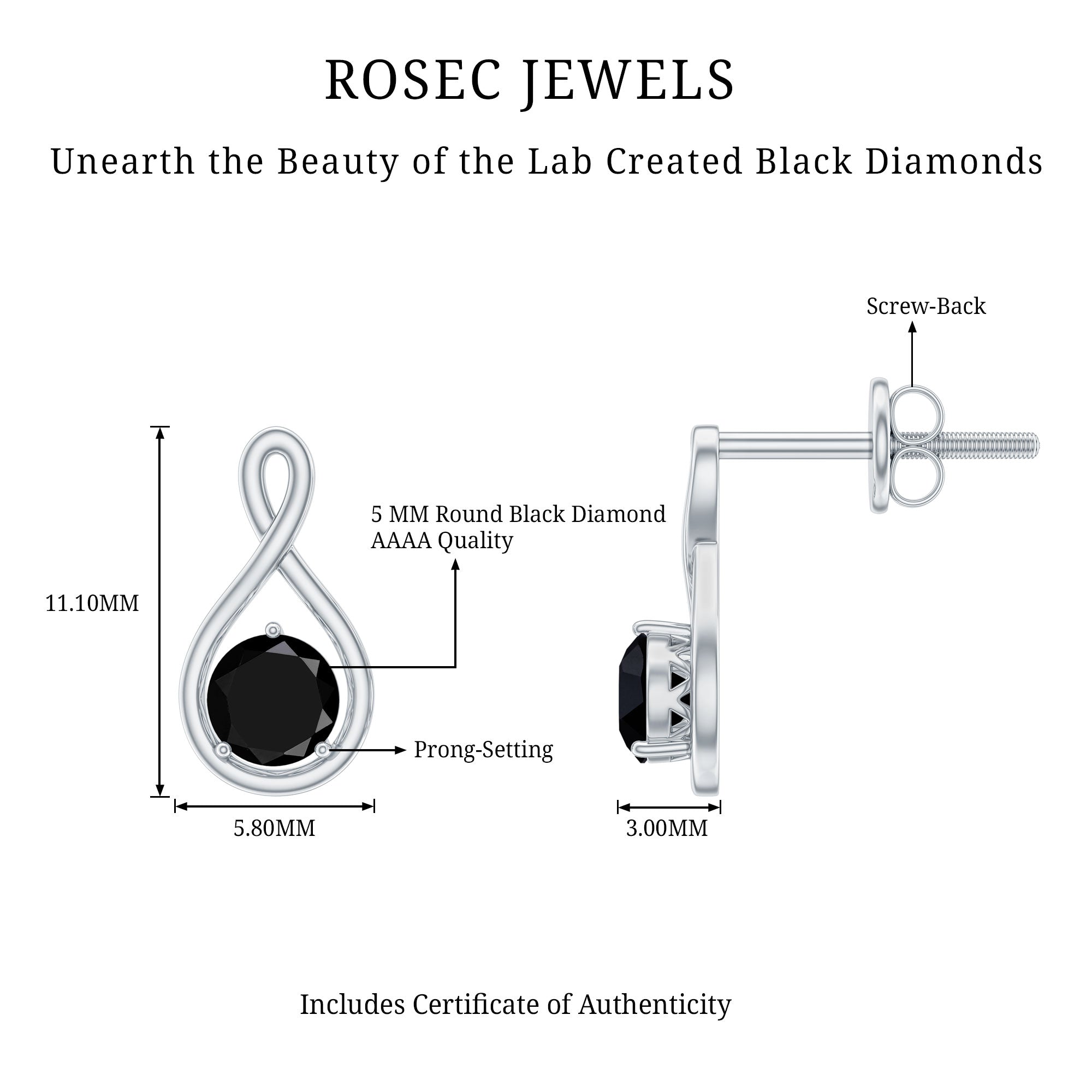 1.6 Carat Solitaire Lab Created Black Diamond Infinity Stud Earrings AAAA ( Synthetic ) - Rosec Jewels