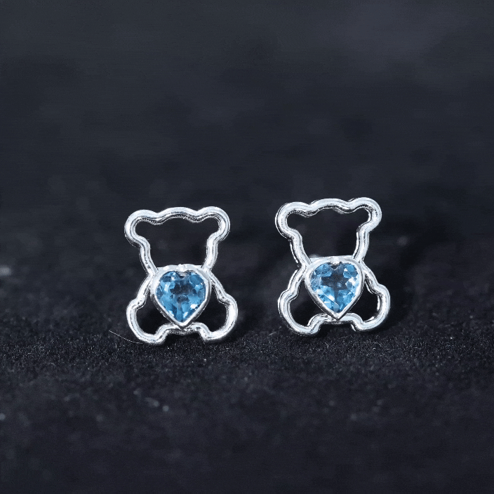1/2 CT Heart Shape London Blue Topaz Teddy Bear Earrings AAA - Rosec Jewels