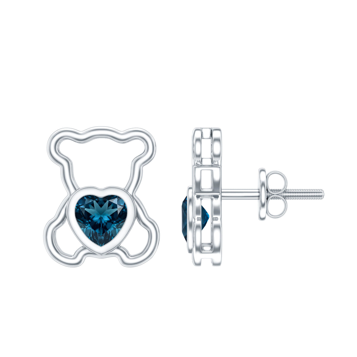 1/2 CT Heart Shape London Blue Topaz Teddy Bear Earrings AAA - Rosec Jewels