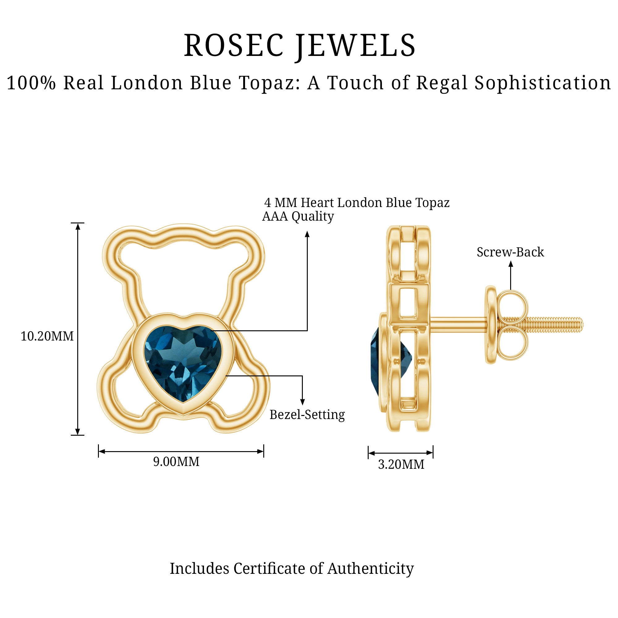 1/2 CT Heart Shape London Blue Topaz Teddy Bear Earrings AAA - Rosec Jewels