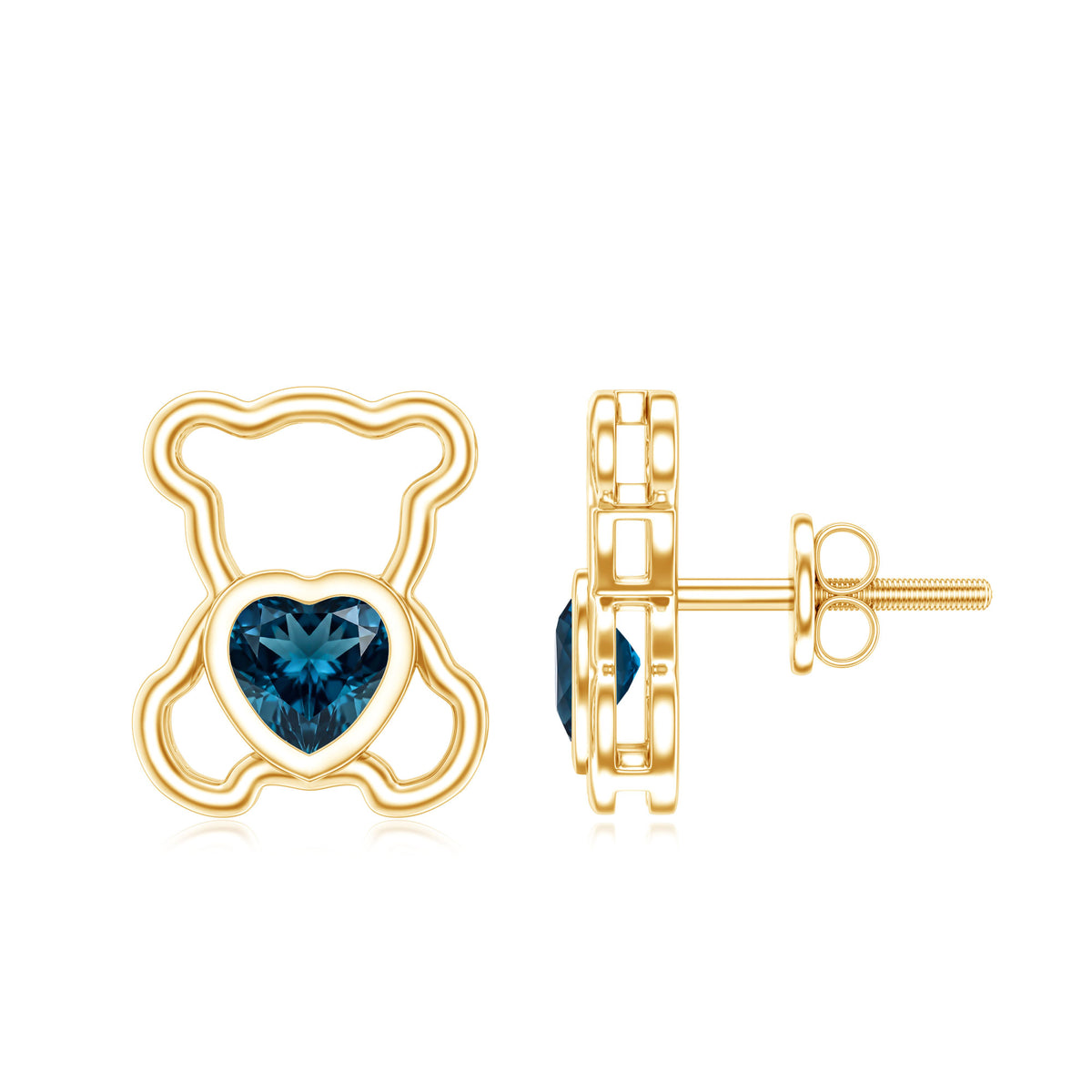 1/2 CT Heart Shape London Blue Topaz Teddy Bear Earrings AAA - Rosec Jewels