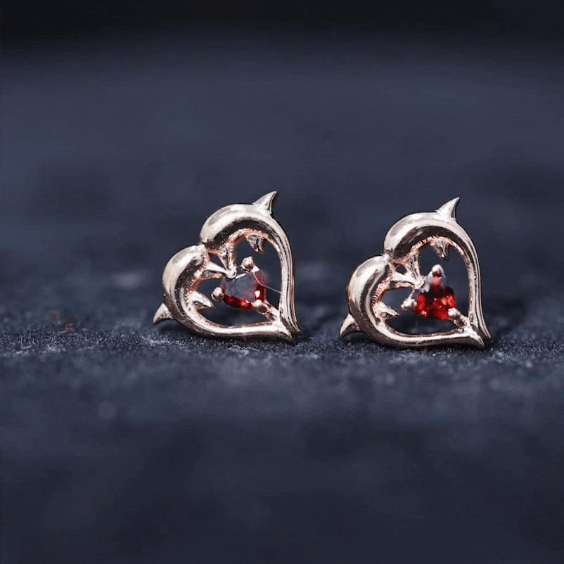 Heart Shape Garnet Kissing Dolphin Stud Earrings AAA - Rosec Jewels