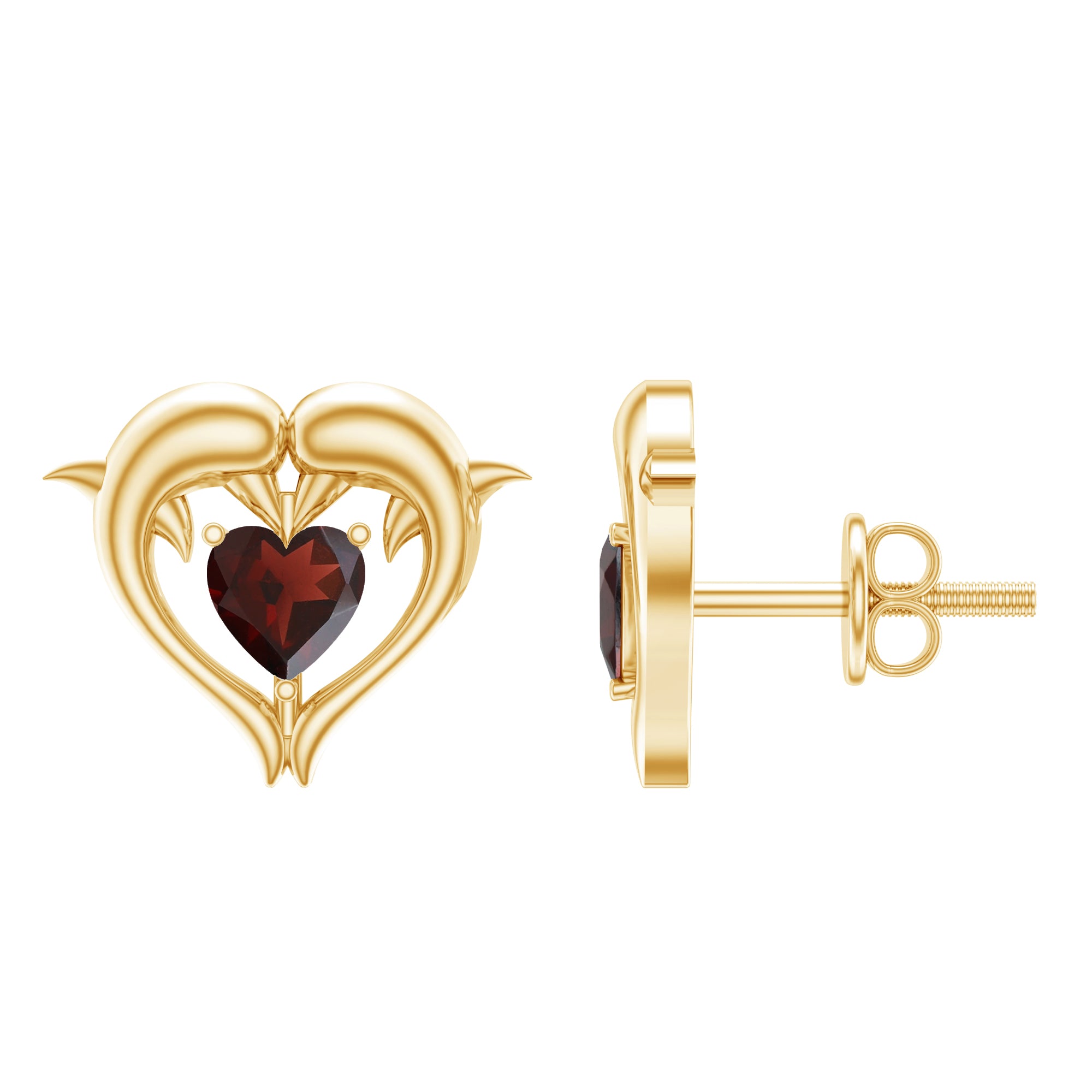Heart Shape Garnet Kissing Dolphin Stud Earrings AAA - Rosec Jewels