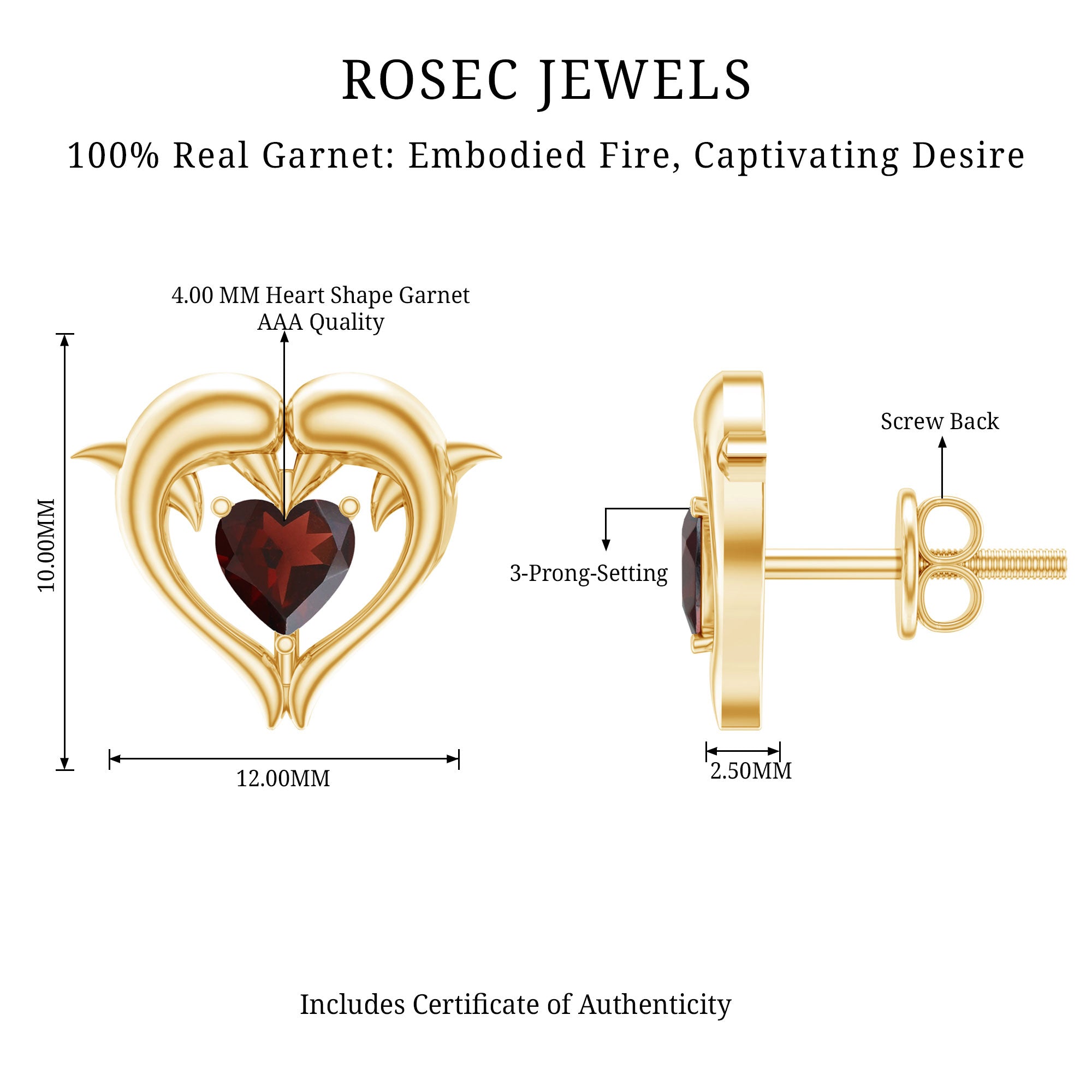 Heart Shape Garnet Kissing Dolphin Stud Earrings AAA - Rosec Jewels