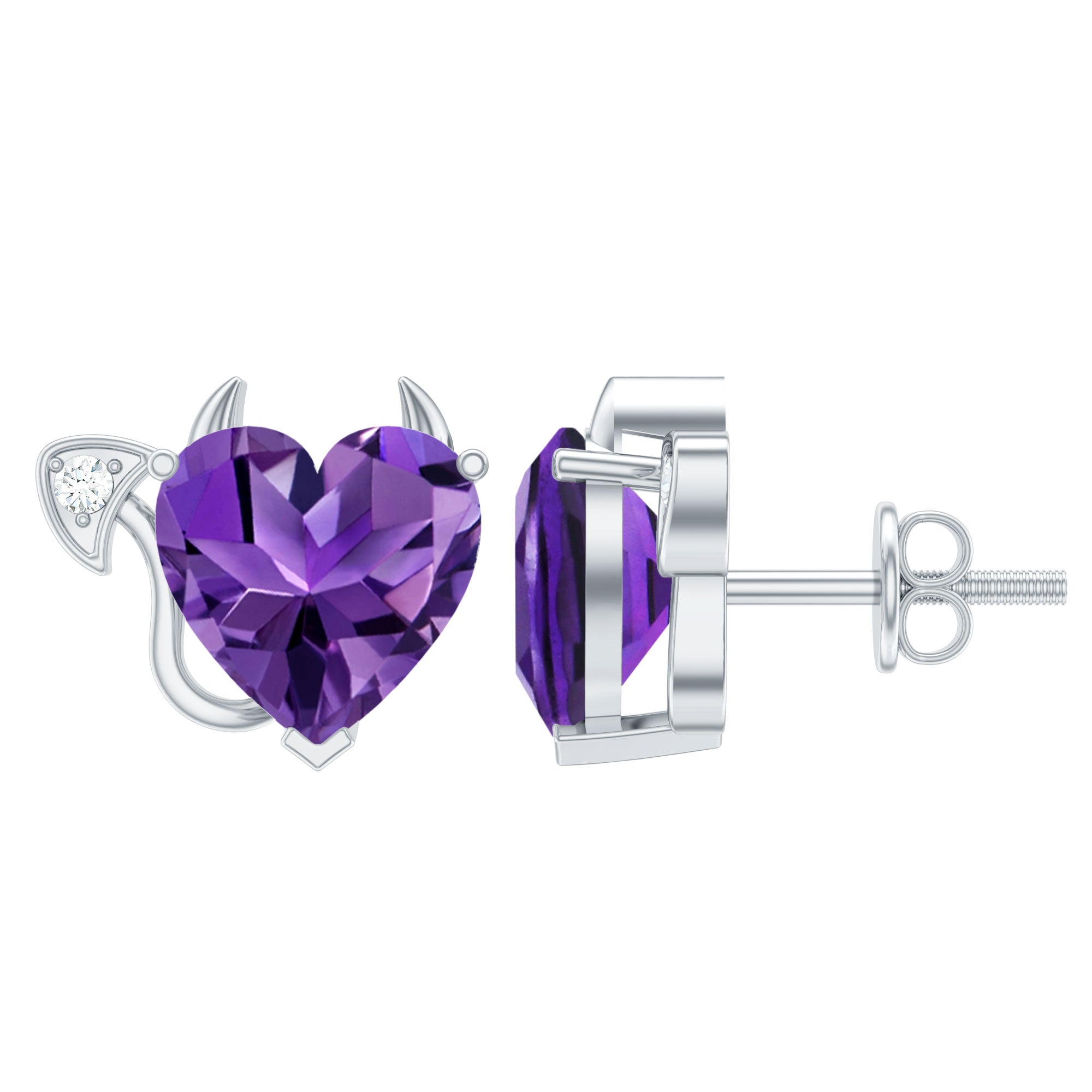 Heart Shape Amethyst and Diamond Gothic Stud Earring