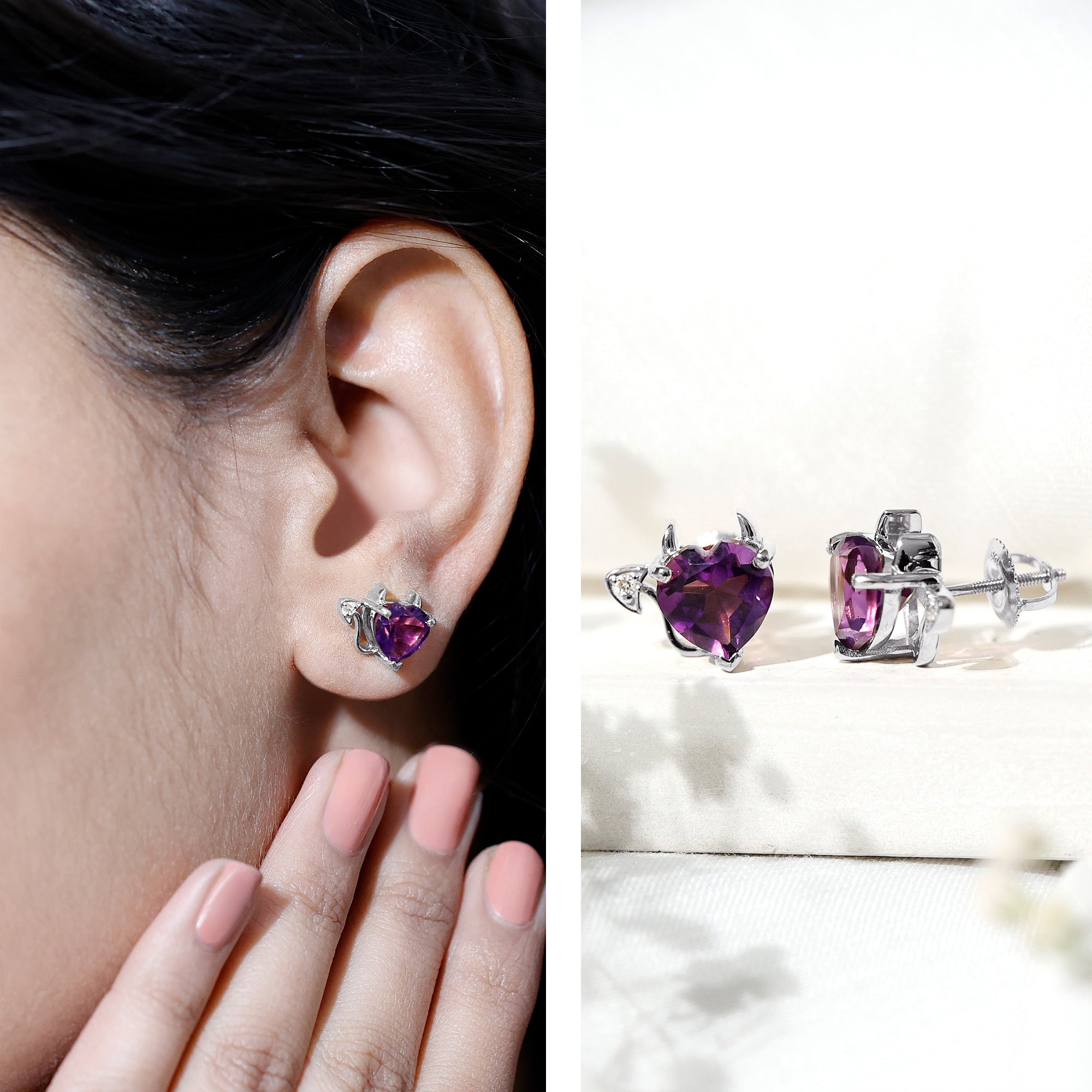 Heart Shape Amethyst and Diamond Gothic Stud Earrings AAA - Rosec Jewels
