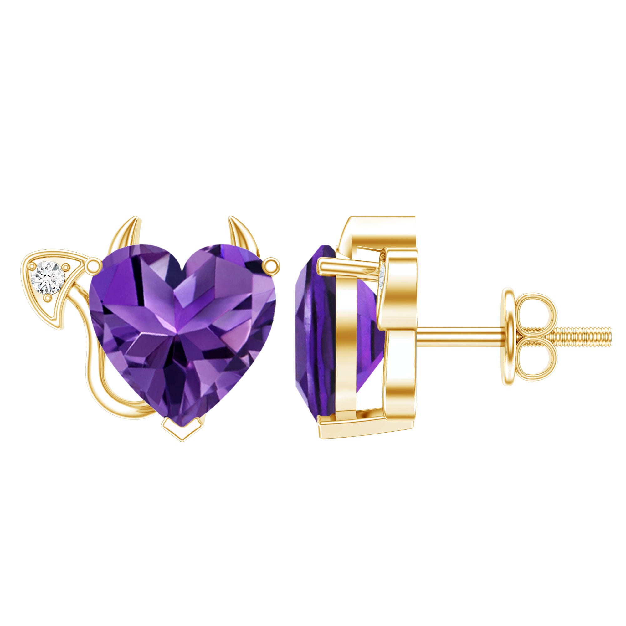 Heart Shape Amethyst and Diamond Gothic Stud Earrings AAA - Rosec Jewels