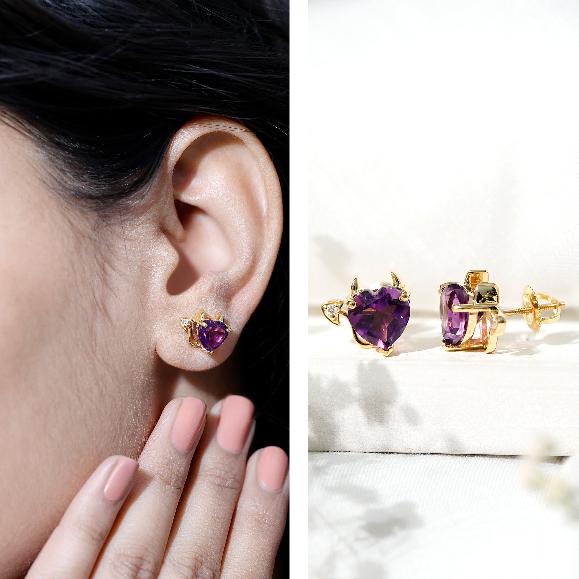 Heart Shape Amethyst and Diamond Gothic Stud Earrings AAA - Rosec Jewels