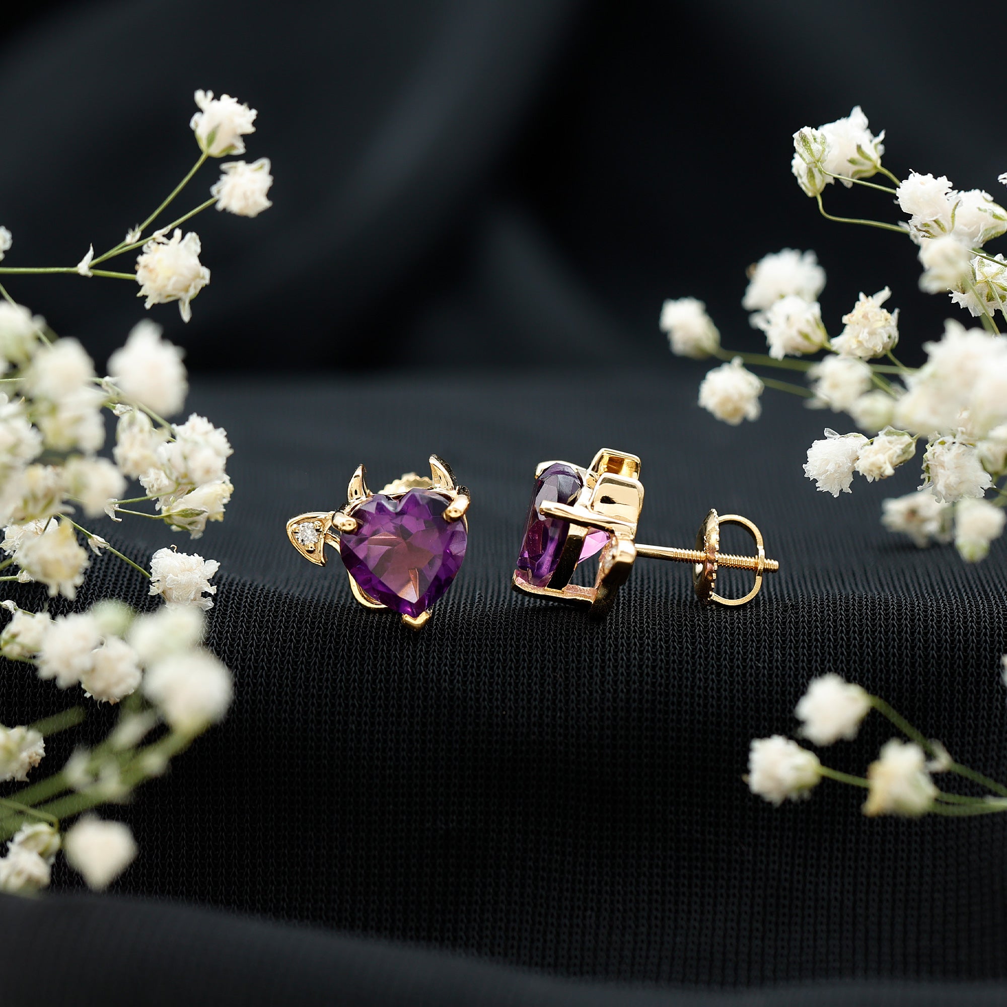 Heart Shape Amethyst and Diamond Gothic Stud Earrings AAA - Rosec Jewels