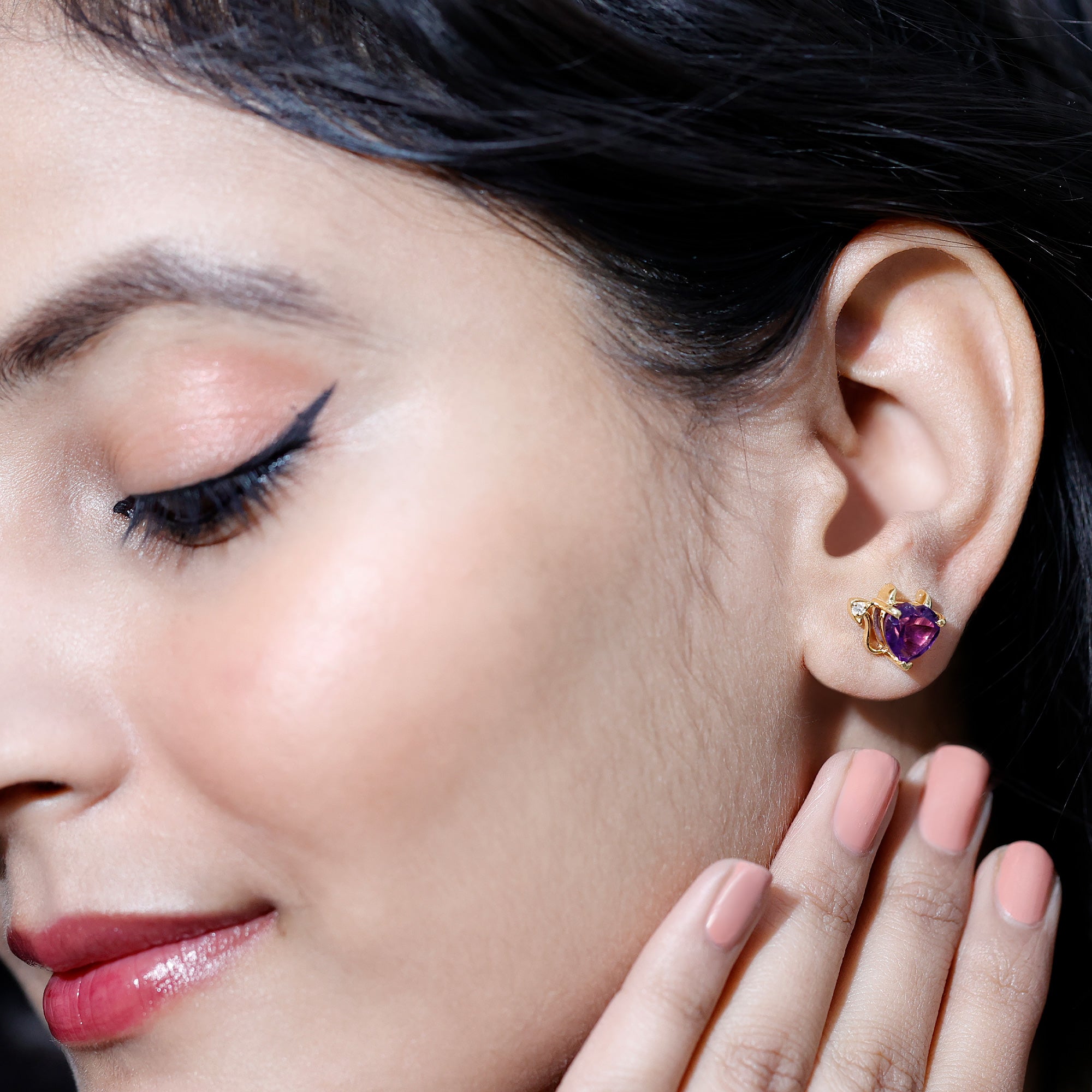 Heart Shape Amethyst and Diamond Gothic Stud Earrings AAA - Rosec Jewels