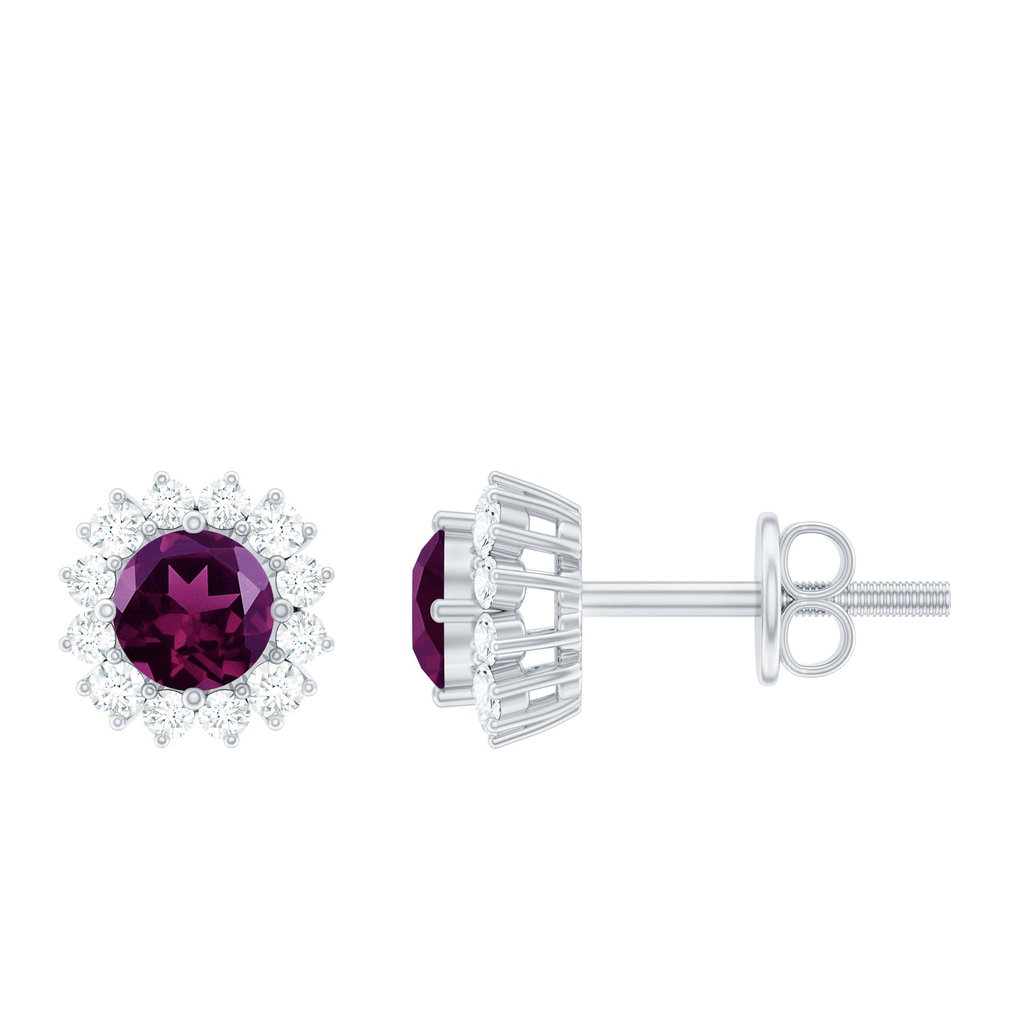 1 CT Classic Rhodolite and Diamond Halo Stud Earrings