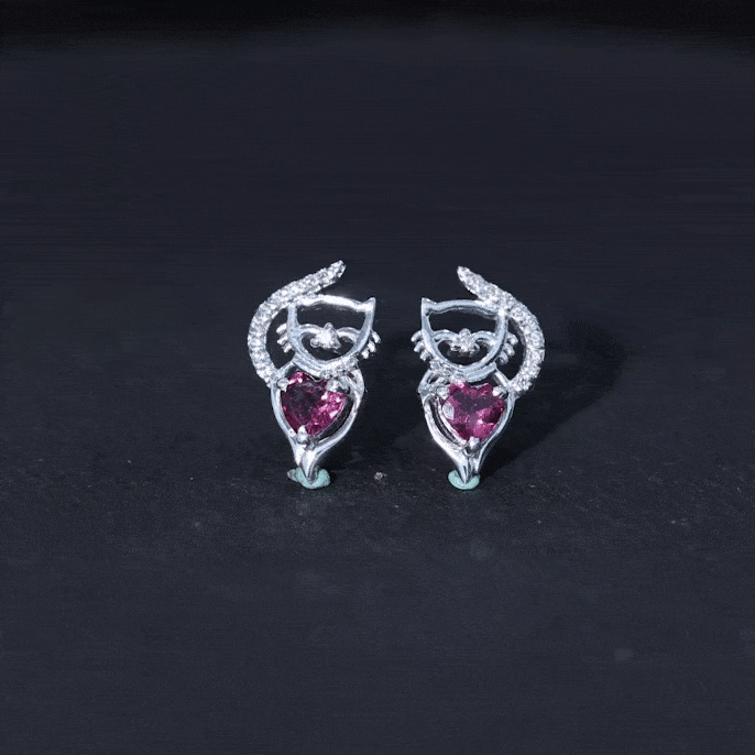 Heart Shape Pink Tourmaline and Diamond Cat Stud Earring AAA - Rosec Jewels