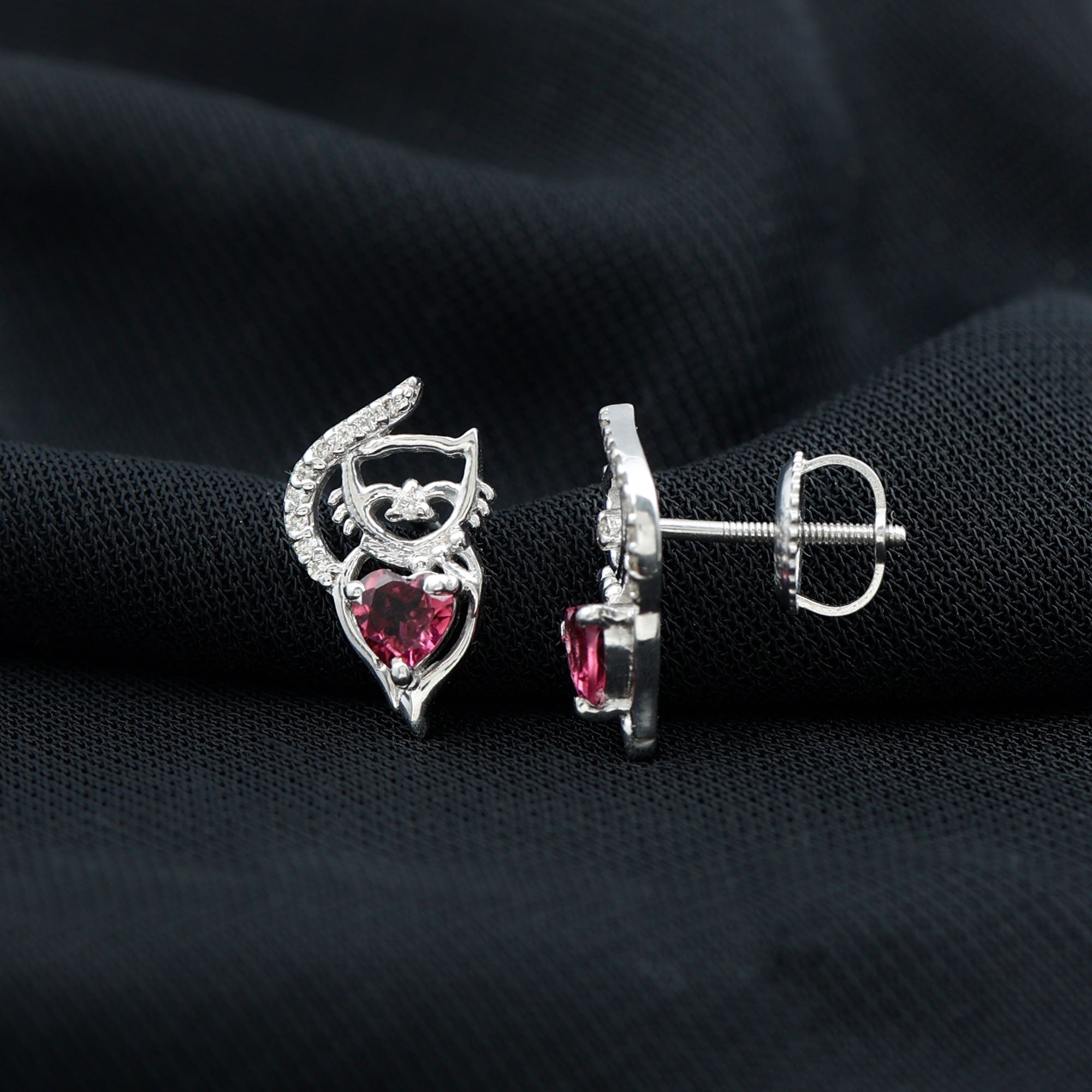 Heart Shape Pink Tourmaline and Diamond Cat Stud Earring AAA - Rosec Jewels
