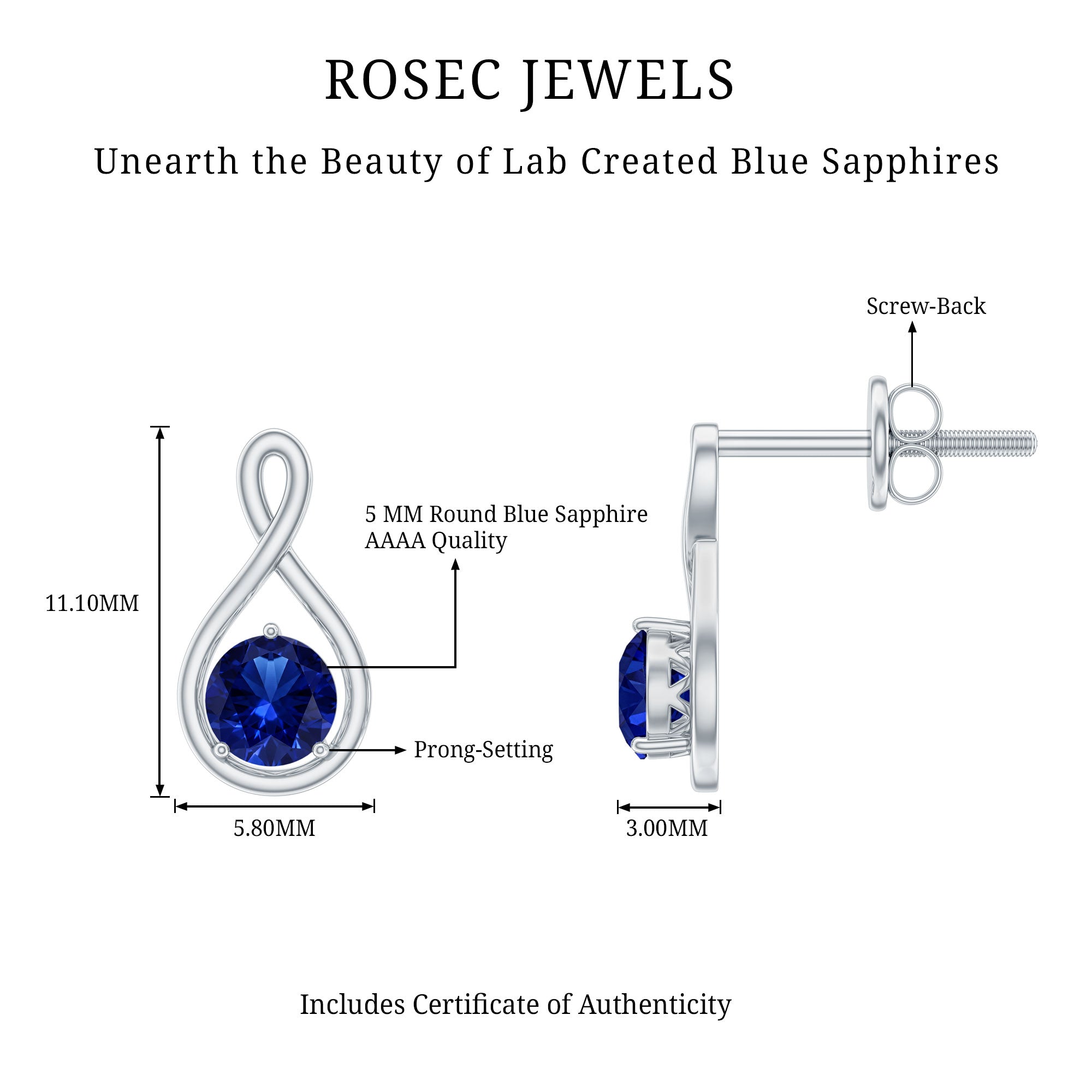 Solitaire Created Blue Sapphire Infinity Stud Earrings AAAA - Rosec Jewels