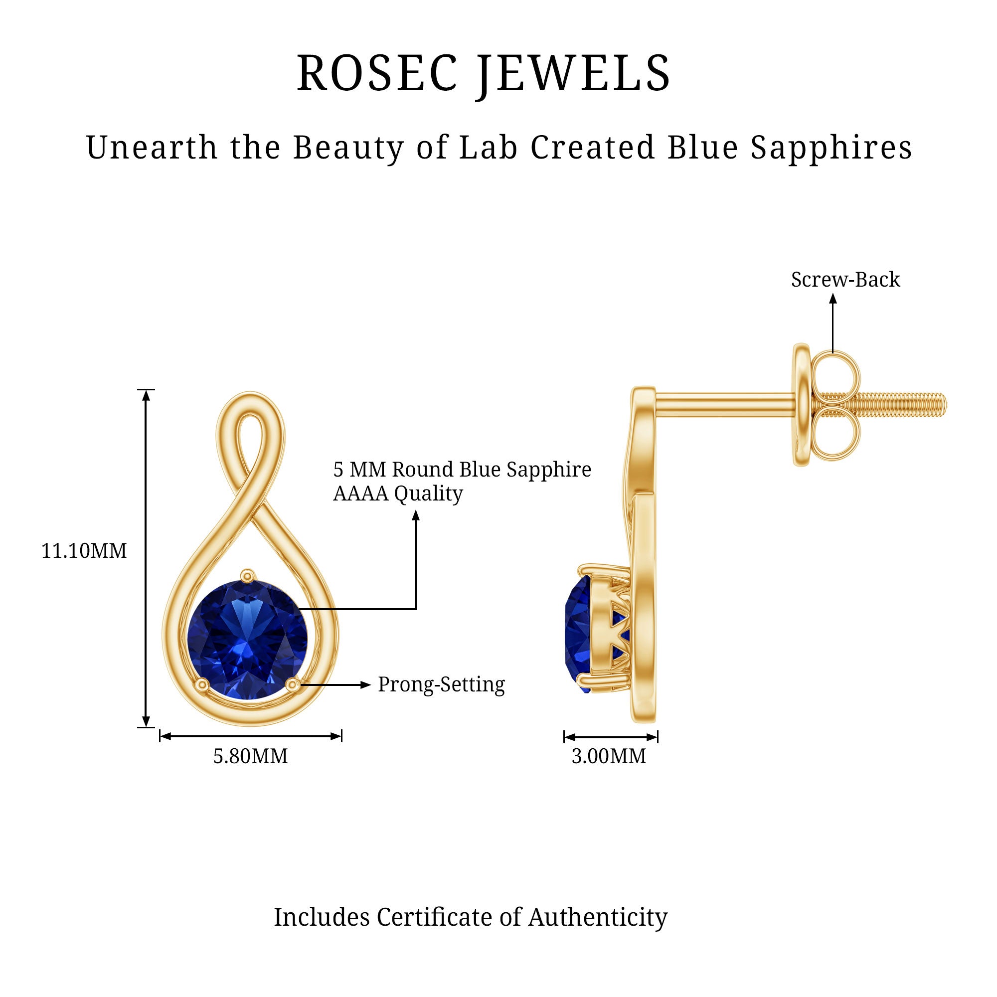 Solitaire Created Blue Sapphire Infinity Stud Earrings AAAA - Rosec Jewels