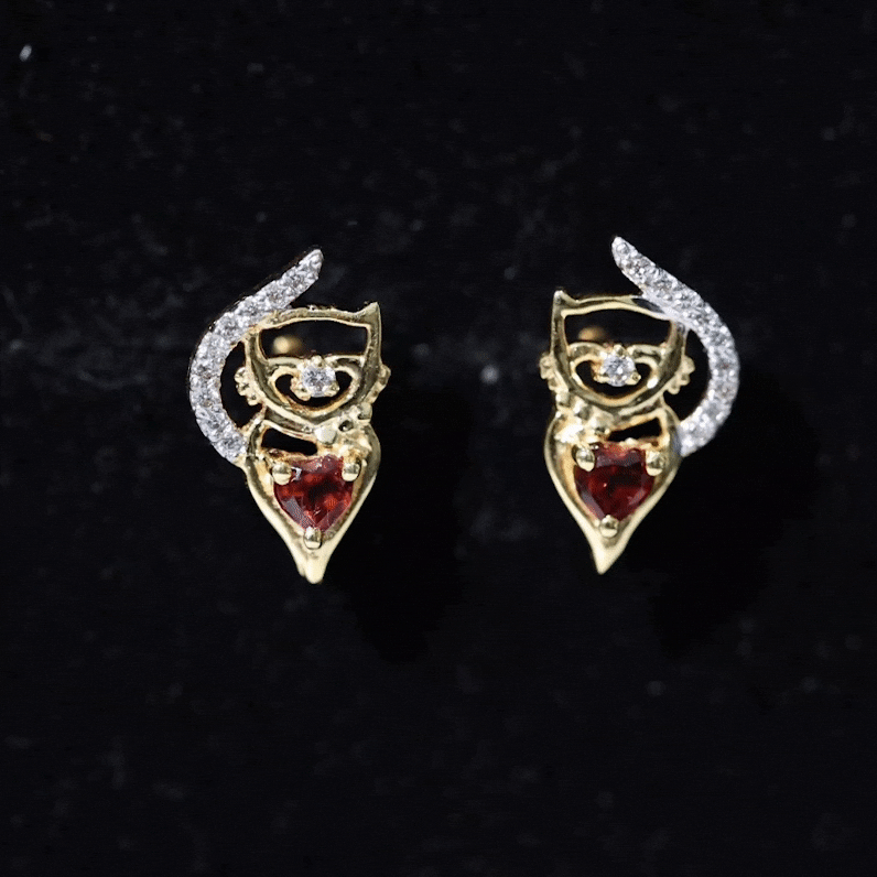 Heart Shape Garnet and Diamond Cat Stud Earrings AAA - Rosec Jewels