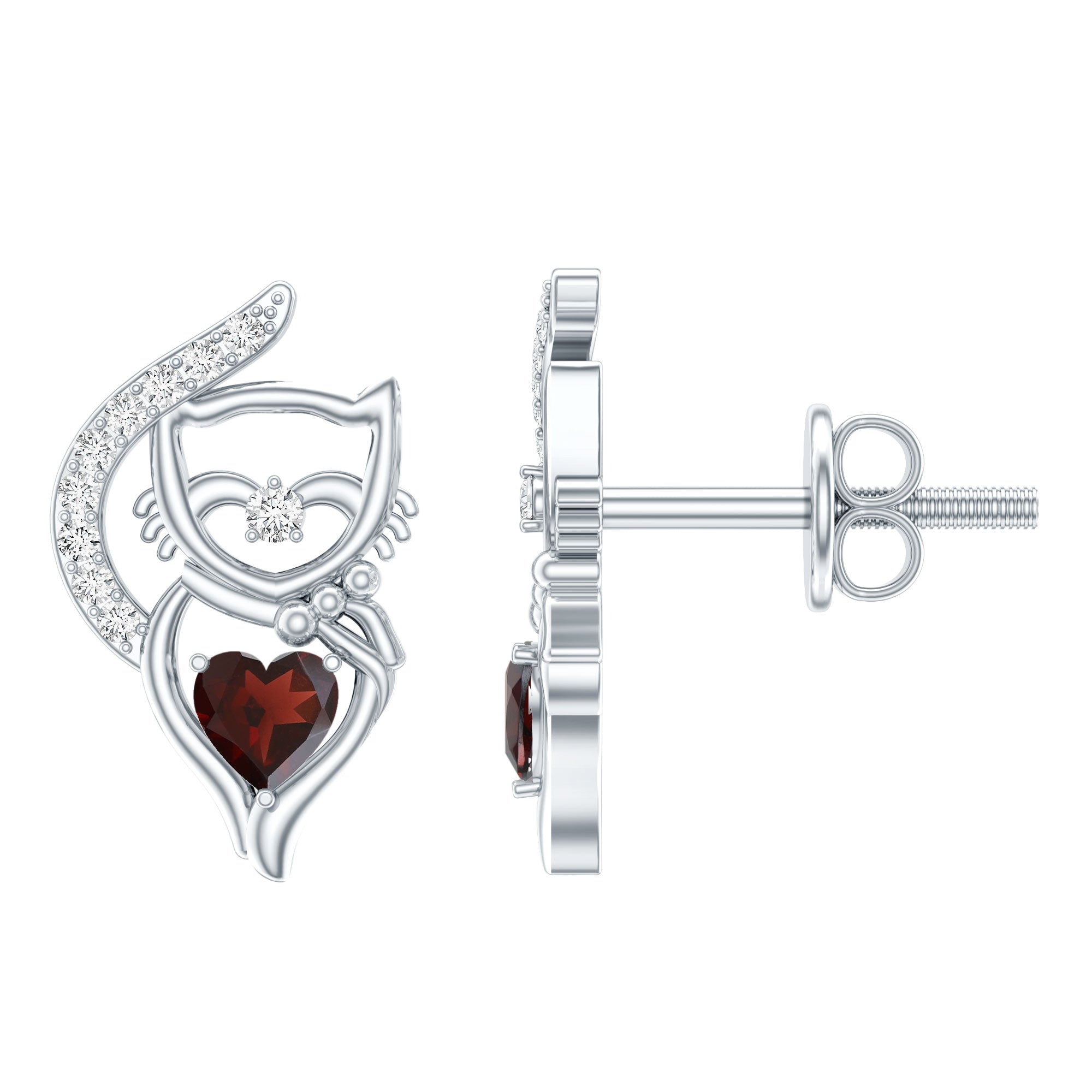 Heart Shape Garnet and Diamond Cat Stud Earrings AAA - Rosec Jewels