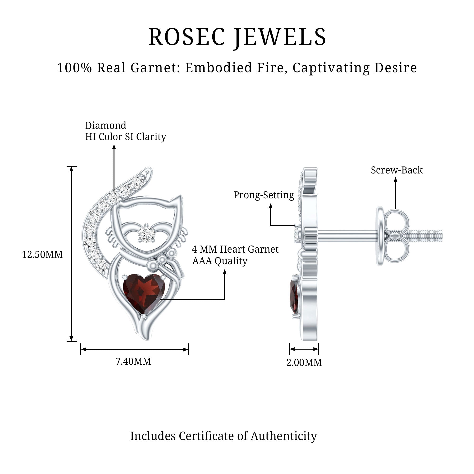 Heart Shape Garnet and Diamond Cat Stud Earrings AAA - Rosec Jewels