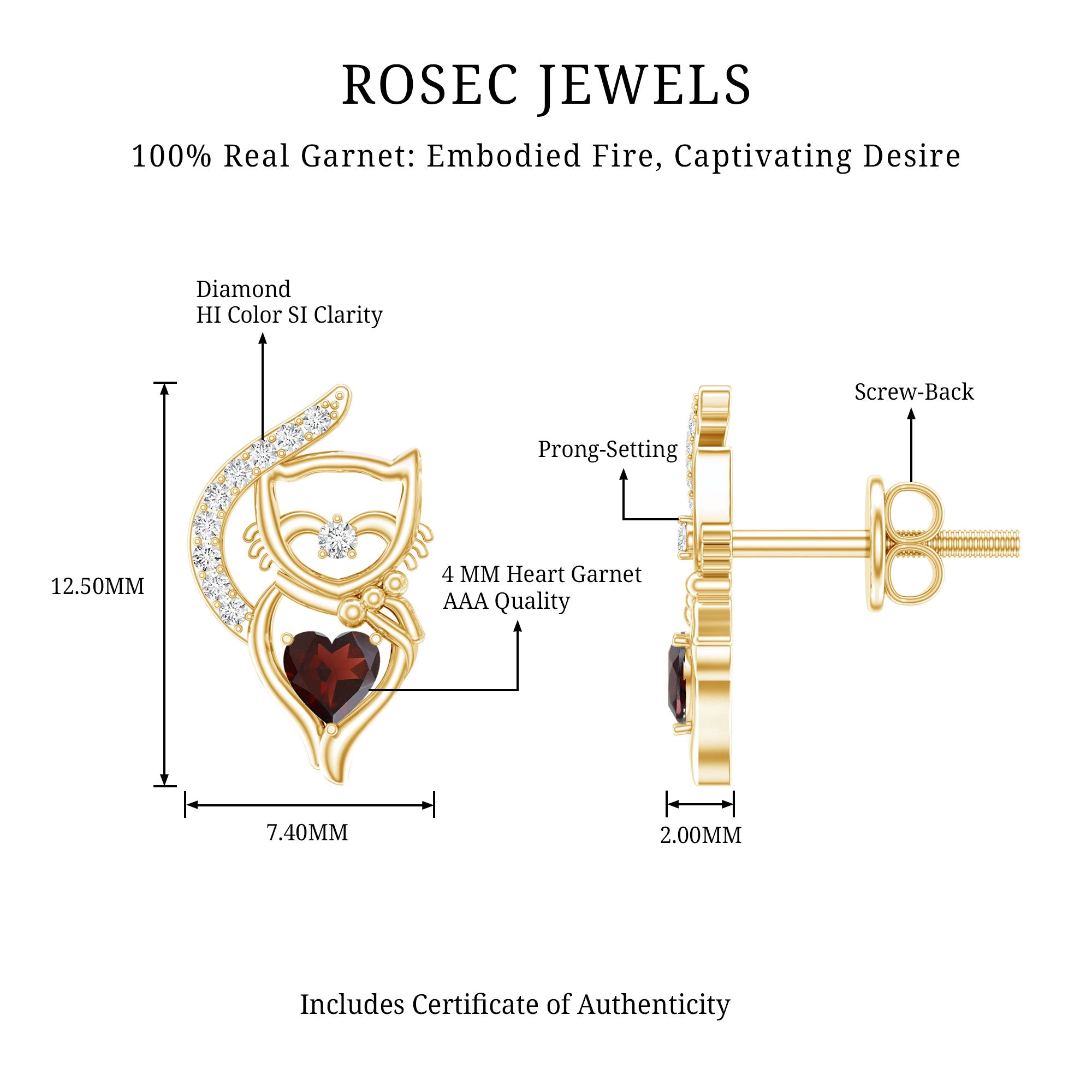 Heart Shape Garnet and Diamond Cat Stud Earrings AAA - Rosec Jewels