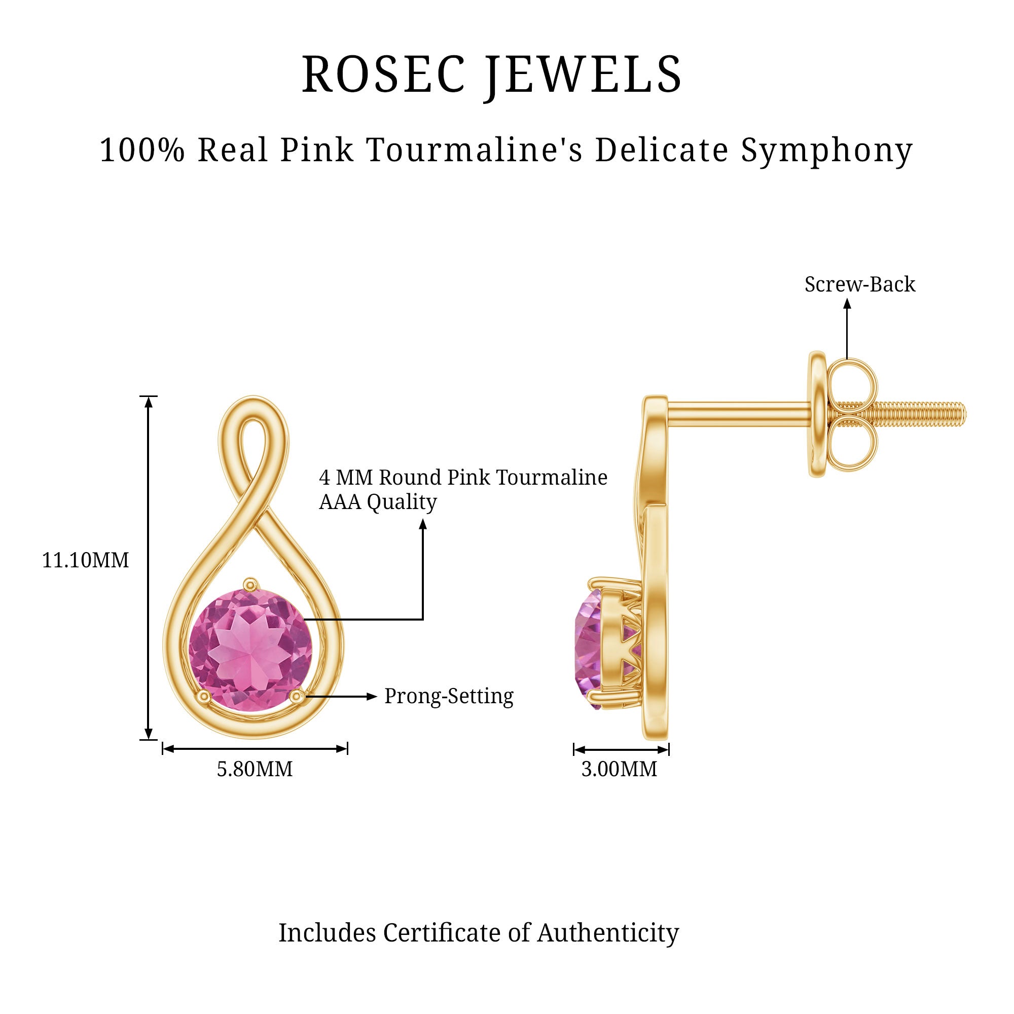 Genuine Pink Tourmaline Infinity Stud Earrings for Women AAA - Rosec Jewels